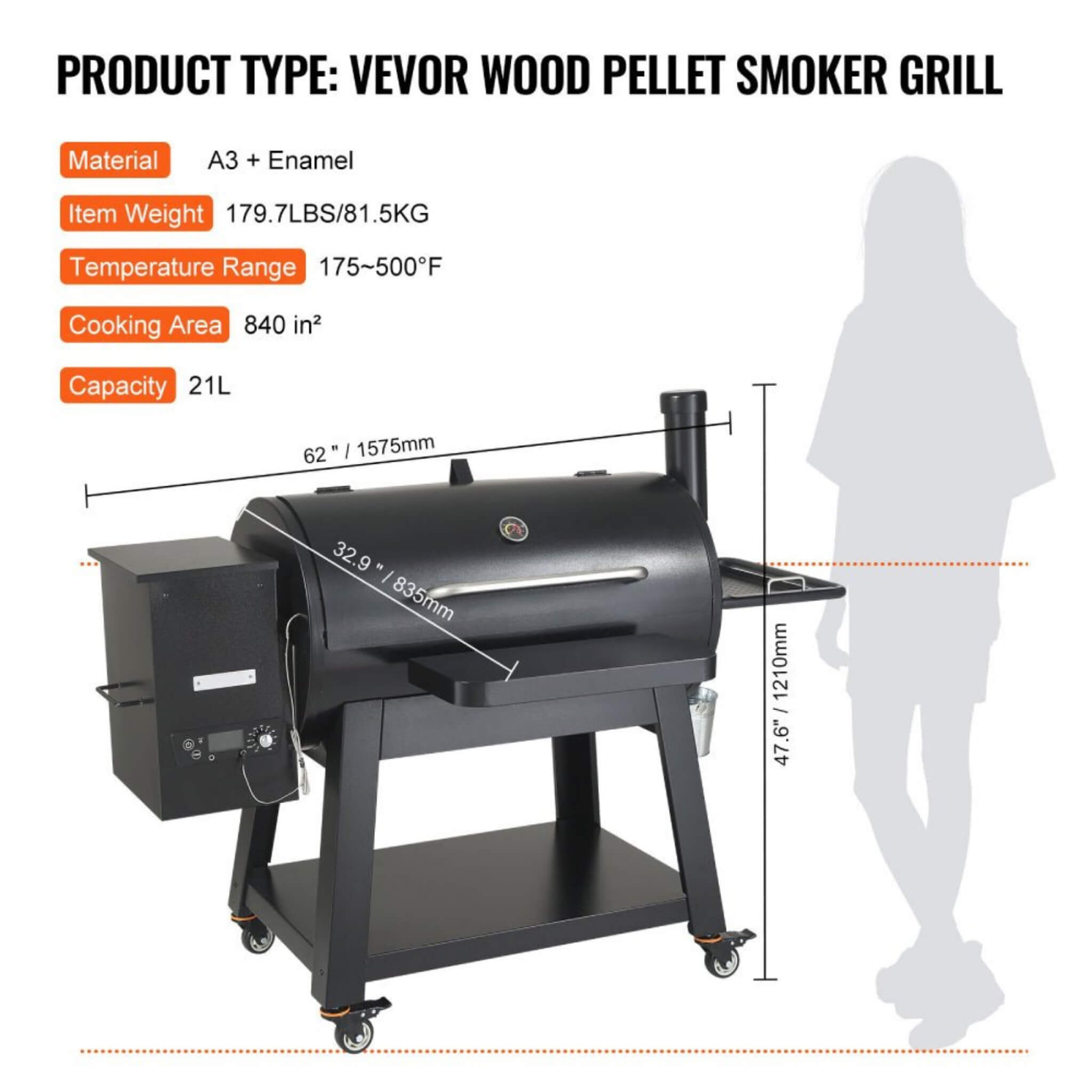 62" Heavy Duty Portable Wood Pellet BBQ Grill With Cart (SAK91308) - Energize Trek