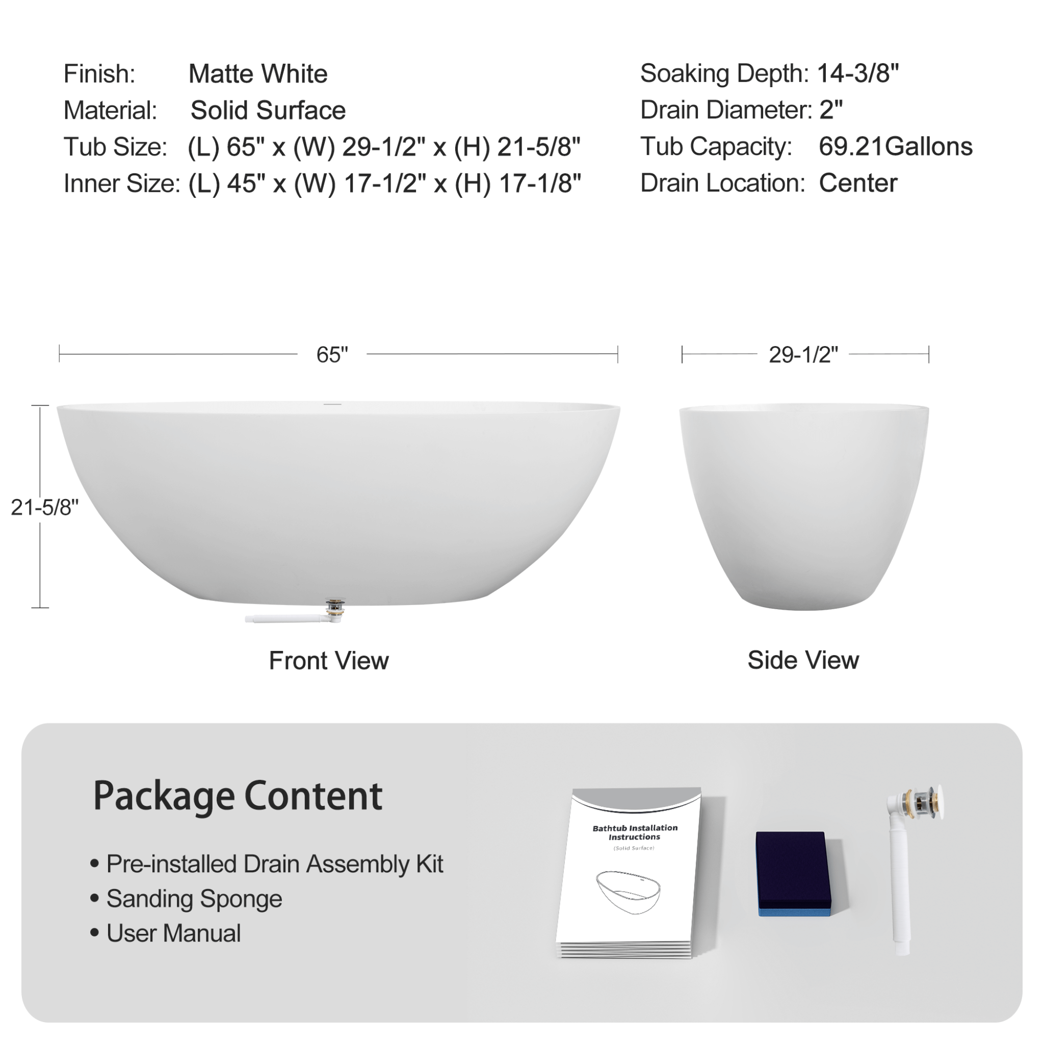 65" Luxury Freestanding Soaking Bathtub With Overflow And Pop-Up Drain (SAK69451) - Energize Trek