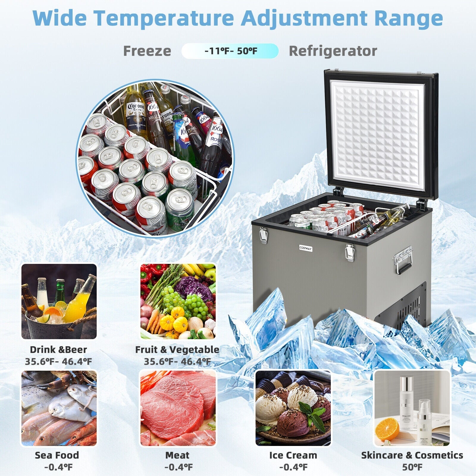 68 Quart Portable Car Refrigerator with DC and AC Adapter-Gray - Energize Trek