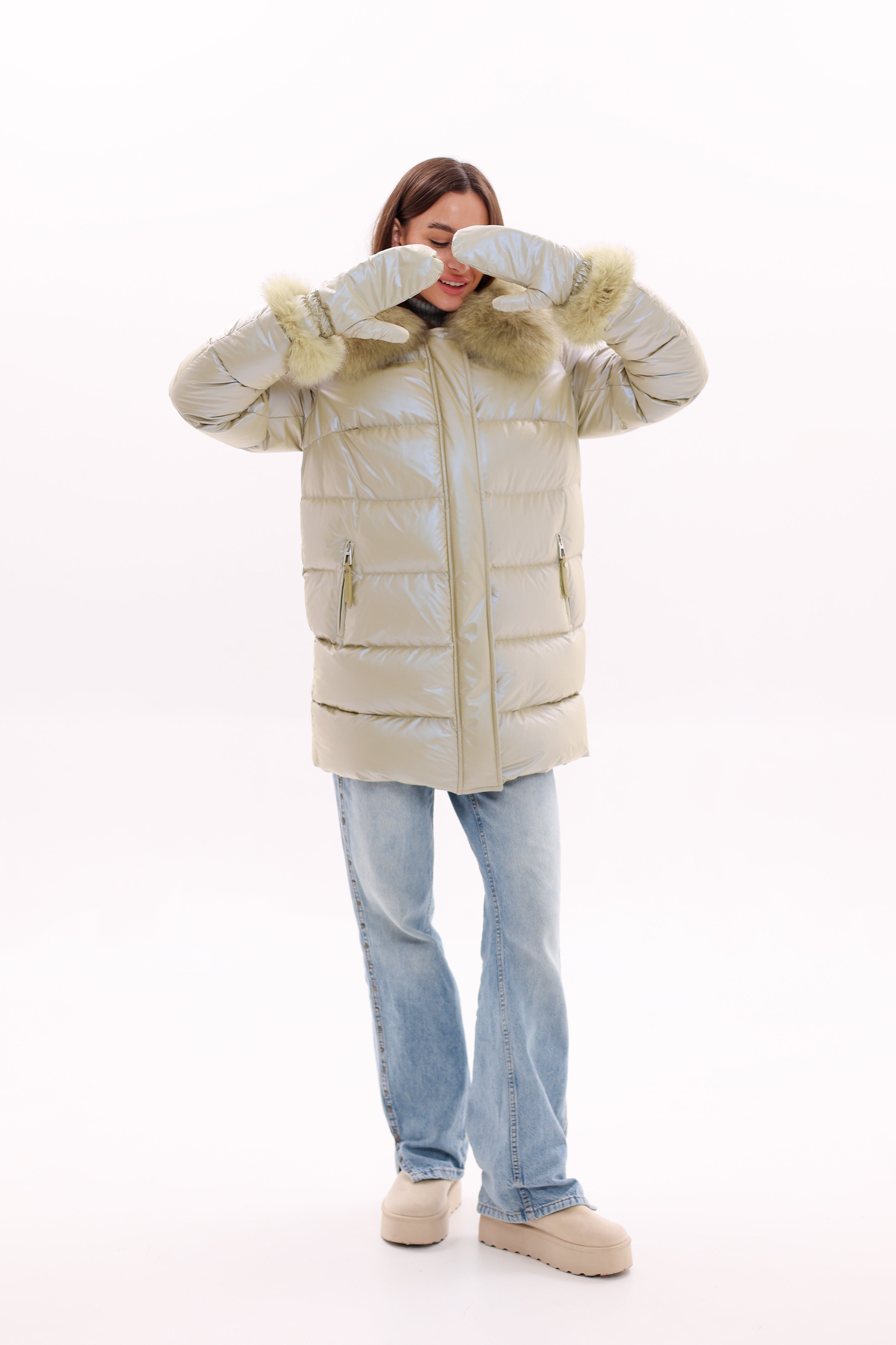 Genuine Fox Fur Down Coat with Fur Trim Mittens - Energize Trek