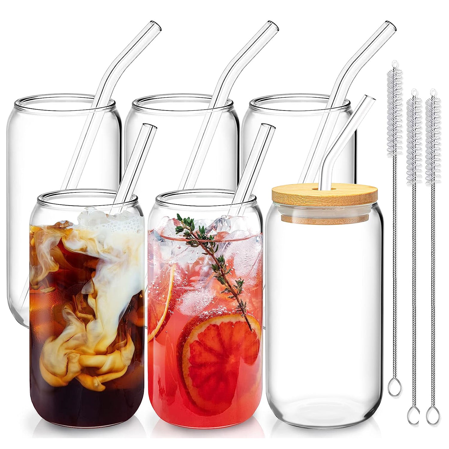 6Pcs Mason Jar Cups with Lid 16OZ Reusable Glass Beer Can with Bamboo Lids Glass Straws Cleaning Brush for Iced Coffee Smoothie Tea - Energize Trek