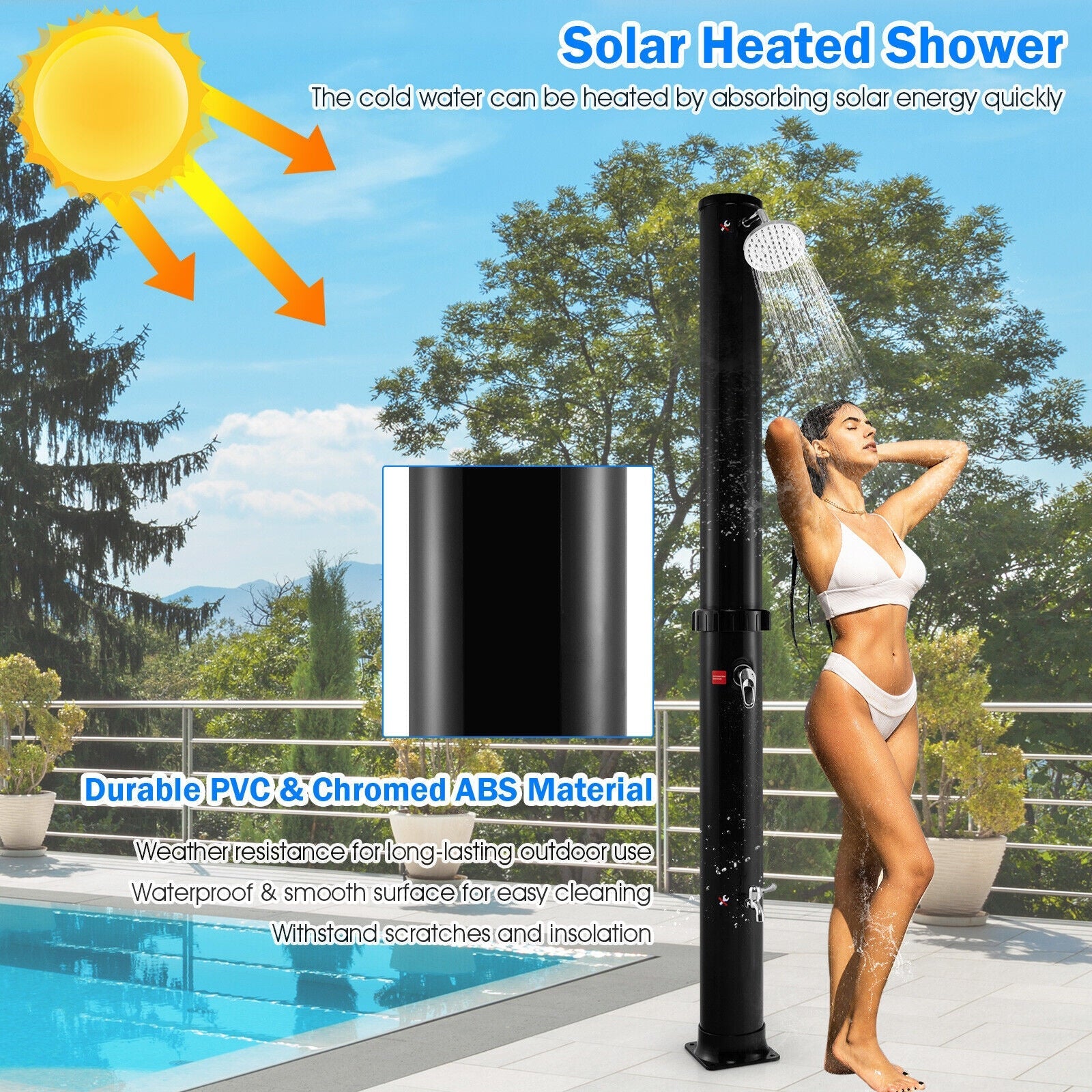 7.2 Feet Solar-Heated Outdoor Shower with Free-Rotating Shower Head - Energize Trek
