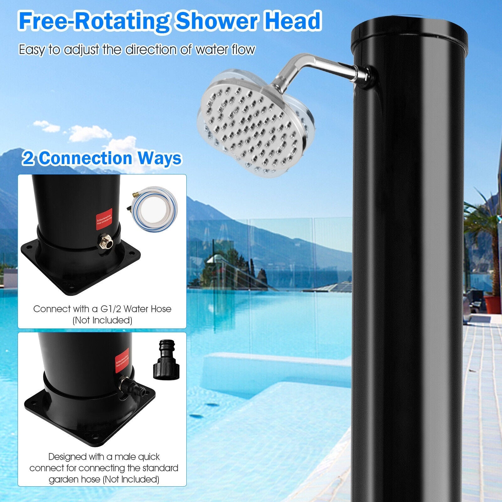7.2 Feet Solar-Heated Outdoor Shower with Free-Rotating Shower Head - Energize Trek