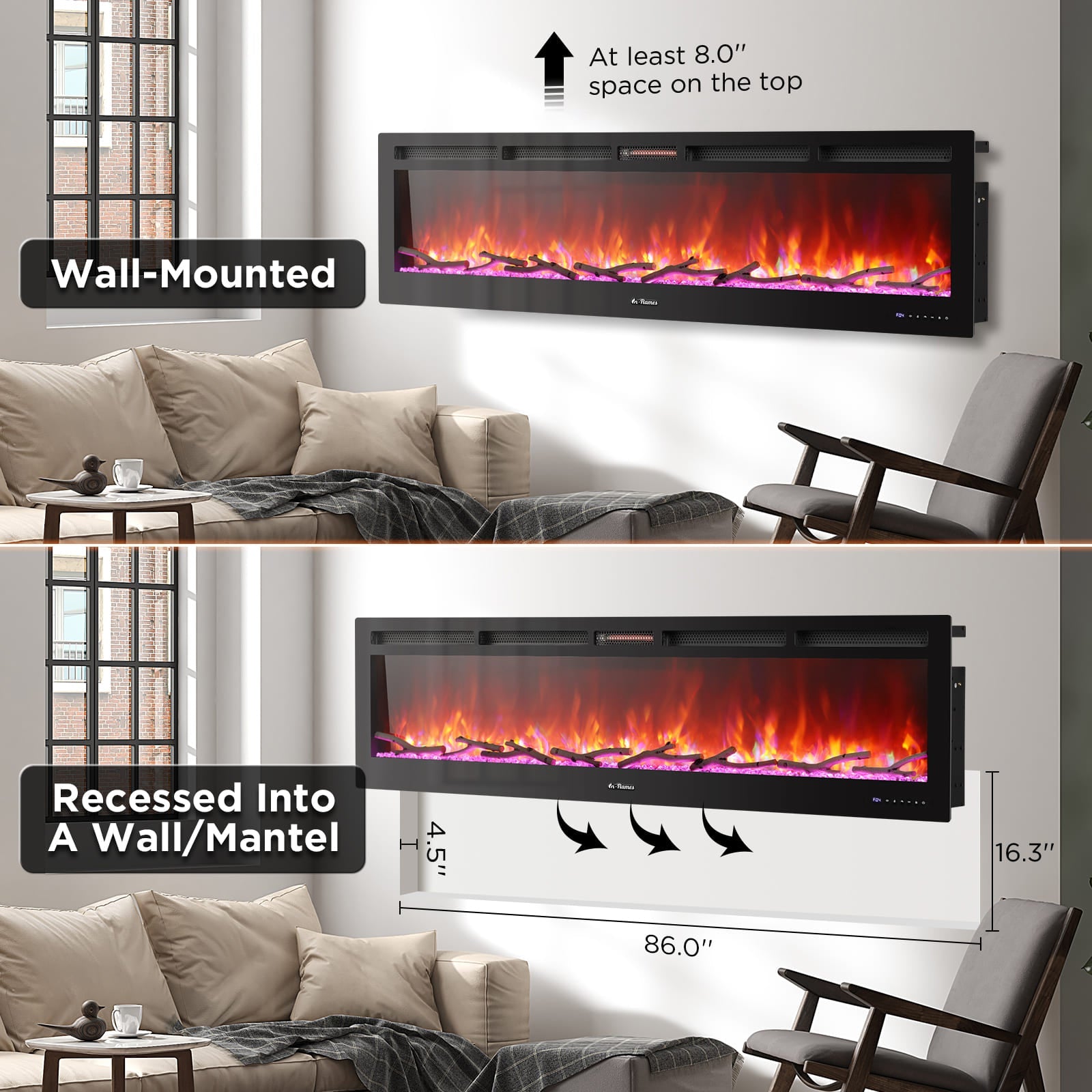 In Flames INF88W-3D WiFi Smart Wall Mounted Electric Fireplace - Tempered Glass - Energize Trek