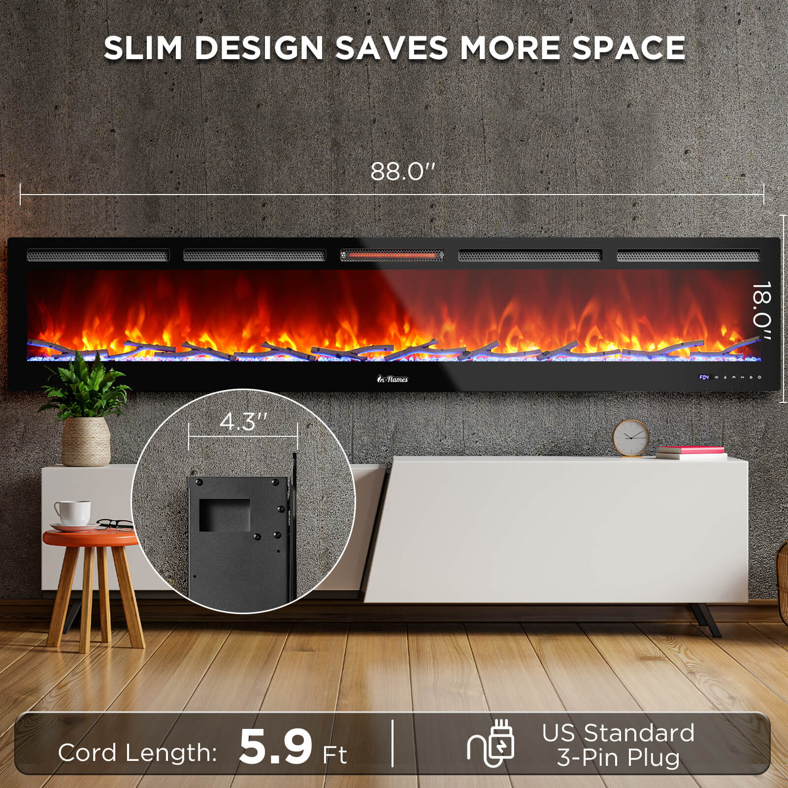 In Flames INF88W-3D WiFi Smart Wall Mounted Electric Fireplace - Tempered Glass - Energize Trek