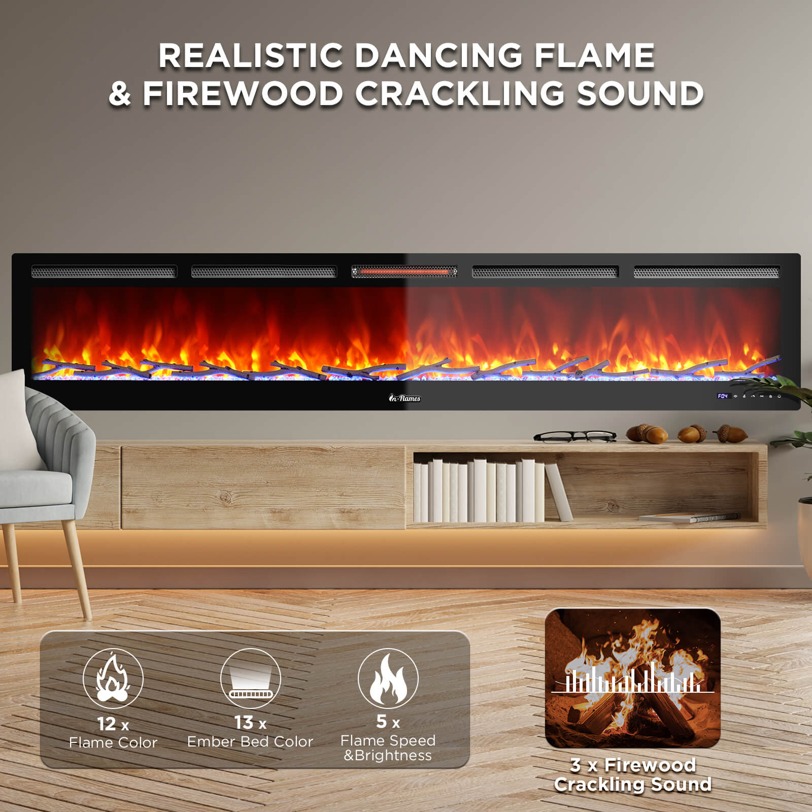 In Flames INF98W-3D WiFi Smart Wall Mounted Electric Fireplace - Tempered Glass - Energize Trek