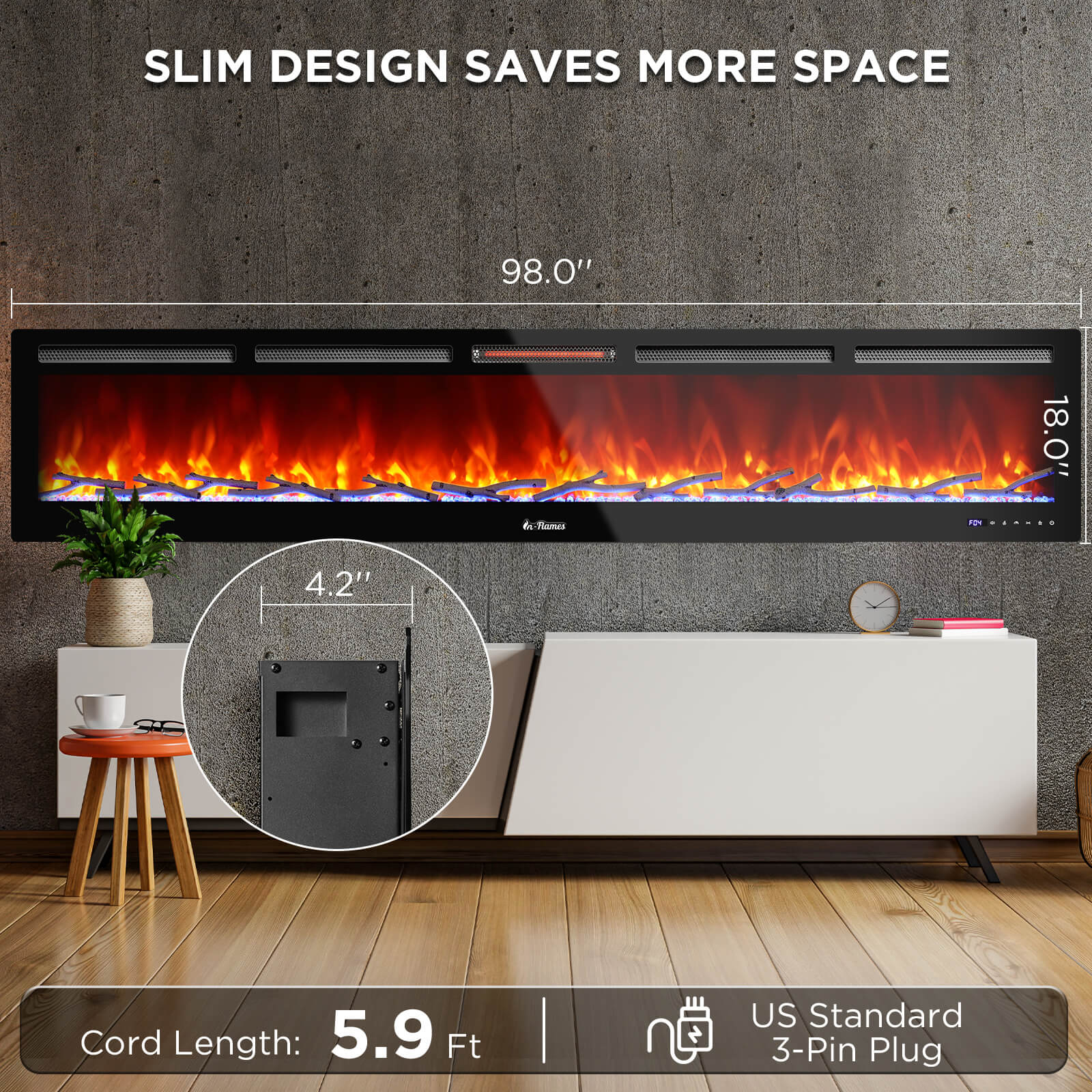 In Flames INF98W-3D WiFi Smart Wall Mounted Electric Fireplace - Tempered Glass - Energize Trek