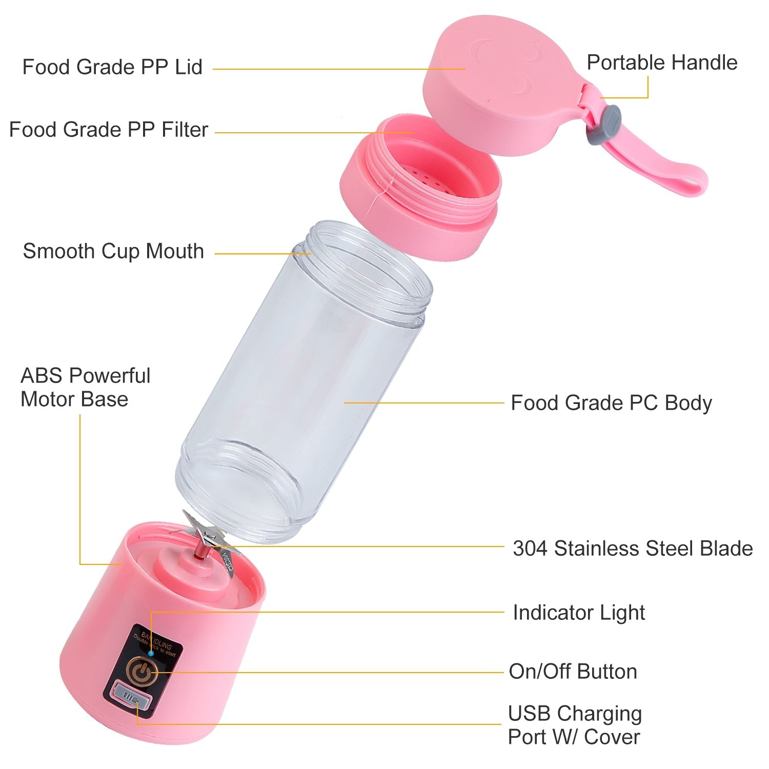 Portable Juicer Blender USB Rechargeable Juicer Cup Fruit Baby Food Mixing Machine w/ 6 Blades Powerful Motor