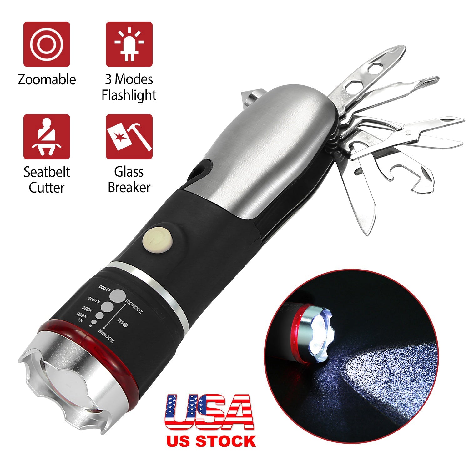 8 In 1 Multi Tool Hammer Zoomable LED Flashlight Emergency Auto Escape Tool w/ Glass Breaker Seatbelt Cutter Scissors Screwdriver Opener - Energize Trek