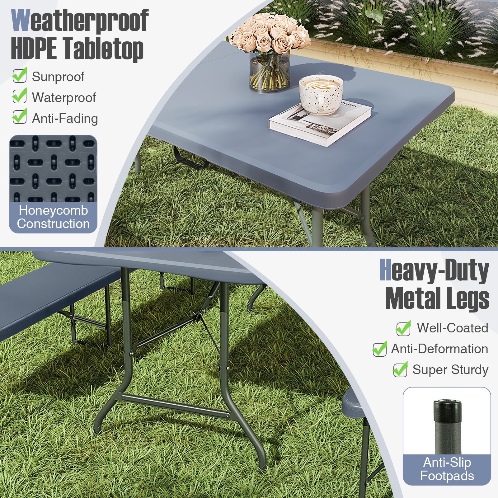 8 ft Portable Folding Table 350 LBS Fold-in-Half Table with HDPE Tabletop - Energize Trek