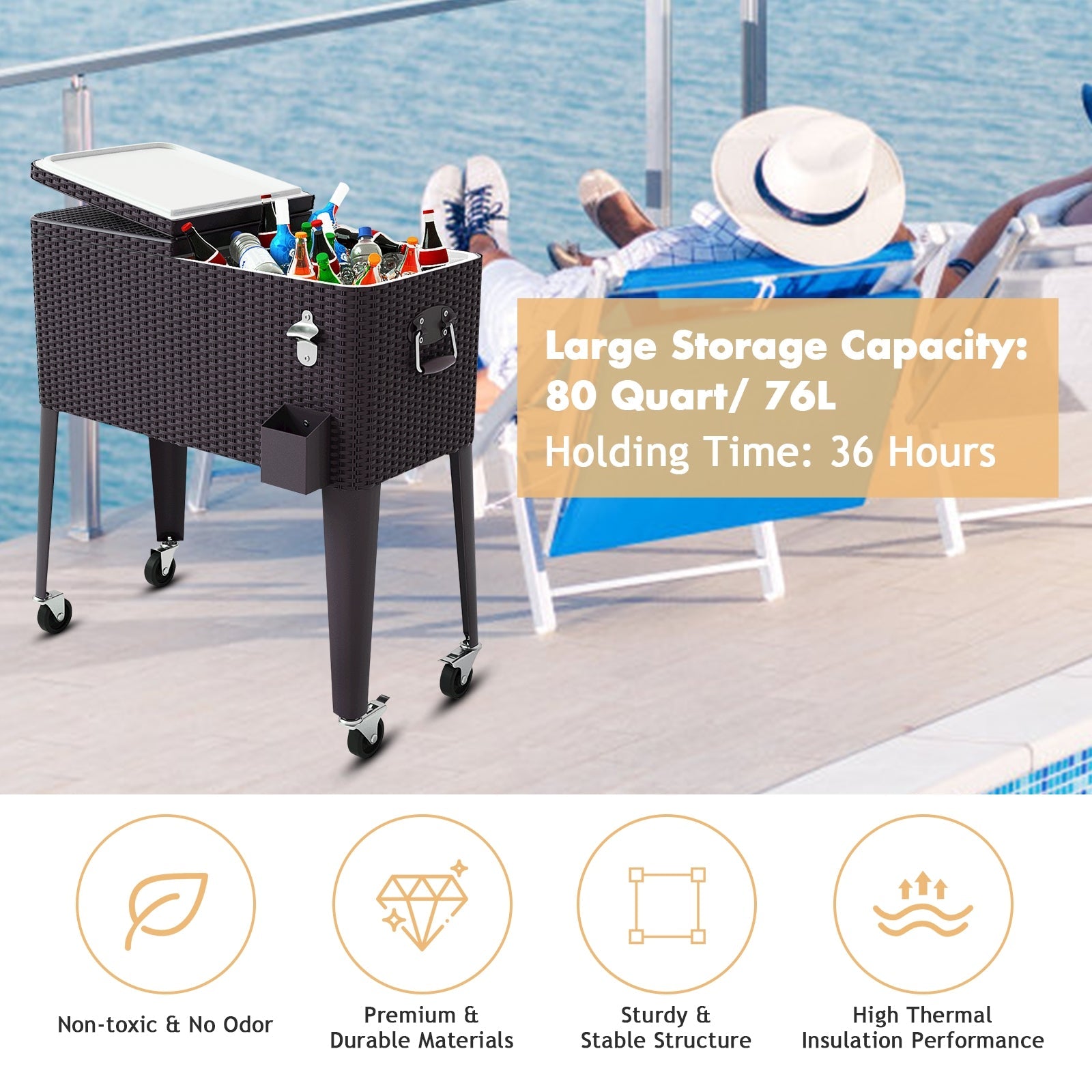 80QT Outdoor Party Portable Rattan Rolling Cooler Cart - Energize Trek