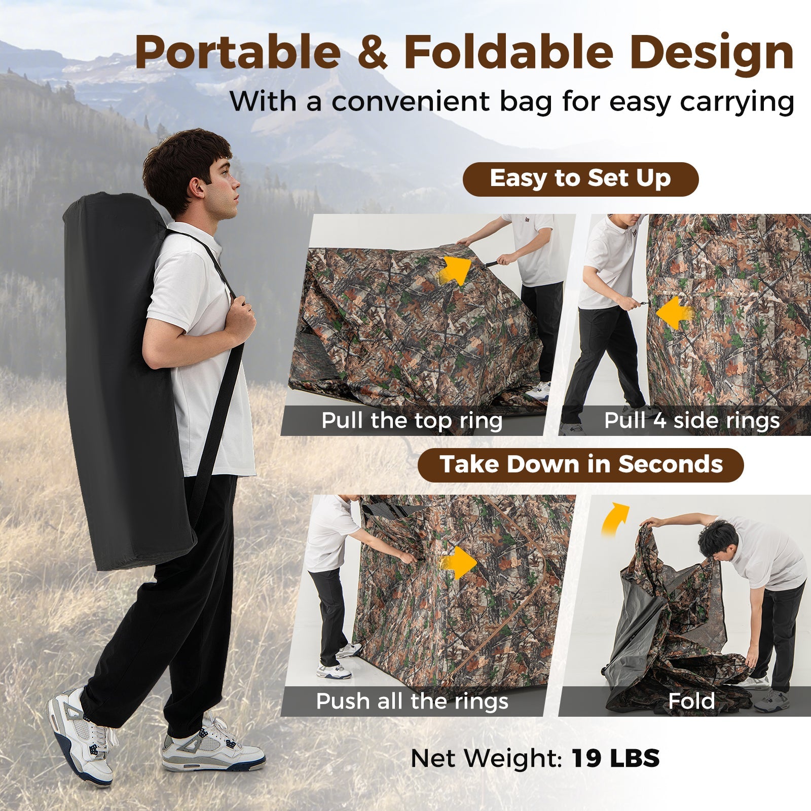 82 Inch Tall Hunting Blind 270° One Way See Through Ground Tent for 3-4 People - Energize Trek