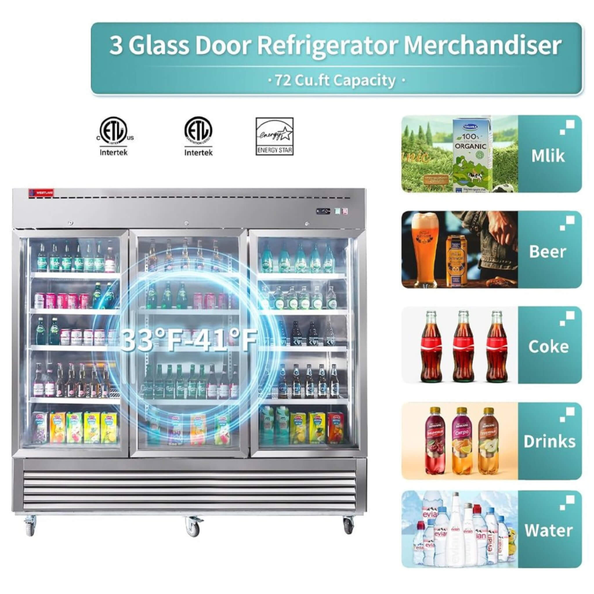82" Commercial Stainless Steel Upright Display 3 Section Merchandiser Refrigerator (SAK15724) - Energize Trek