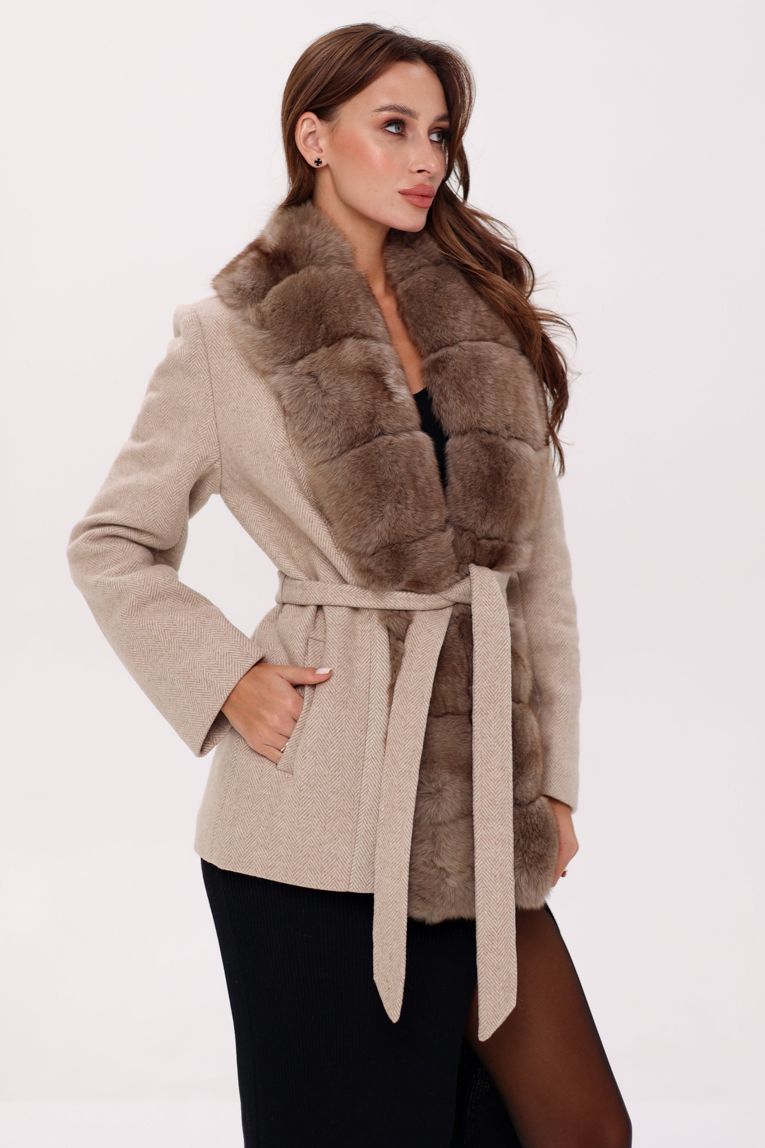 Genuine Polar Fox Fur Virgin Wool Coat in Nude - Energize Trek