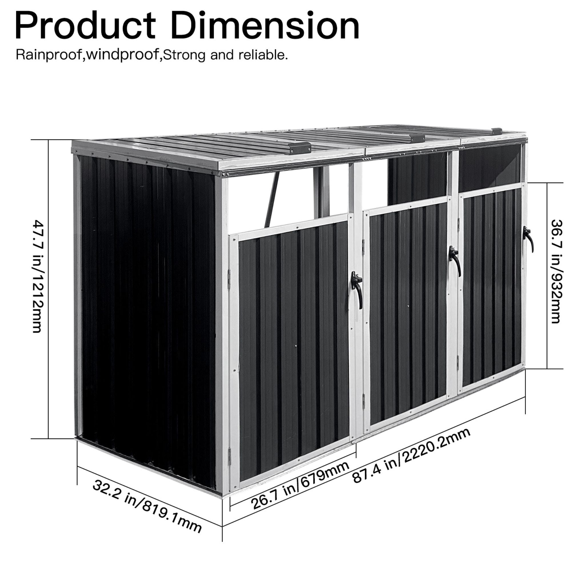 87 Inch Extra Large Heavy Duty Outdoor Metal Garbage Bin Shed For 3 Trash Cans (SAK34981) - Energize Trek