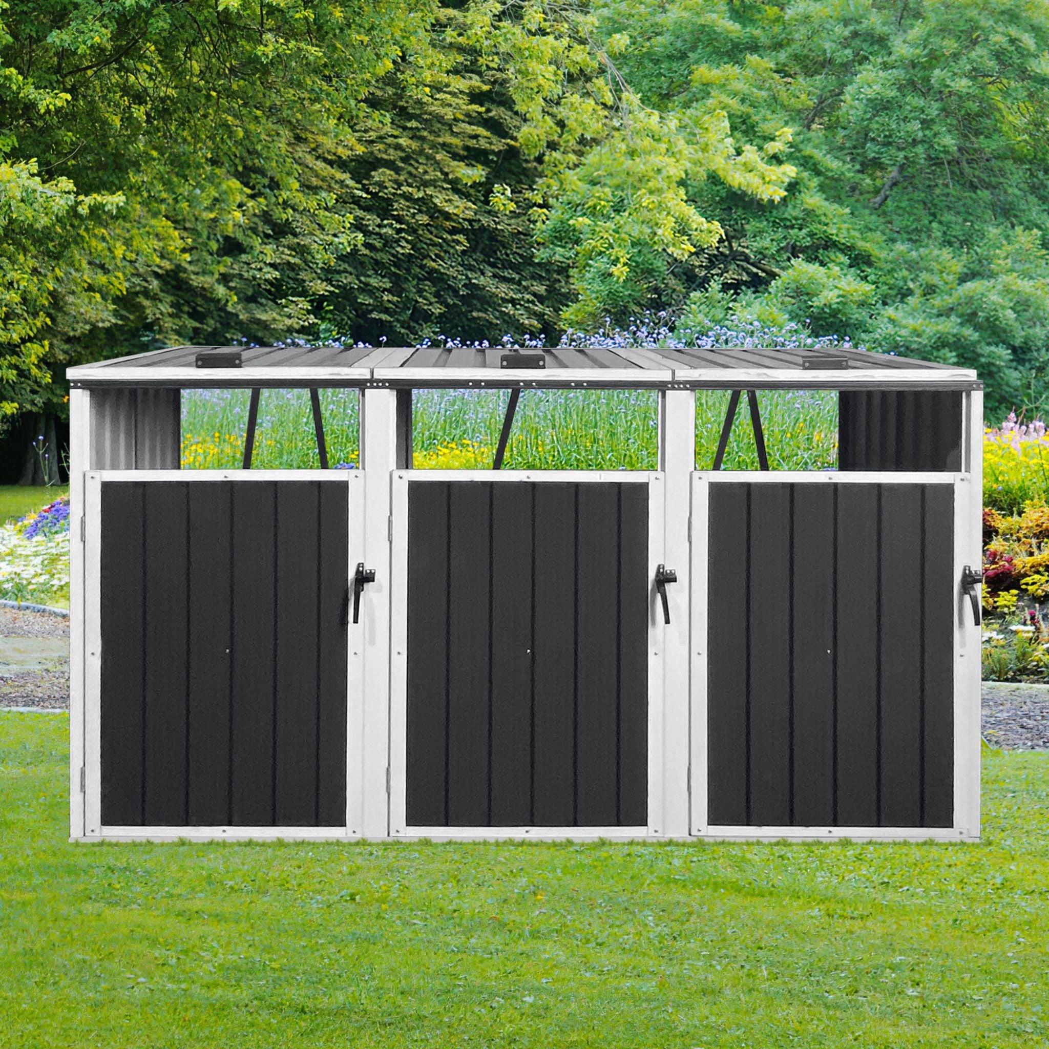 87 Inch Extra Large Heavy Duty Outdoor Metal Garbage Bin Shed For 3 Trash Cans (SAK34981) - Energize Trek