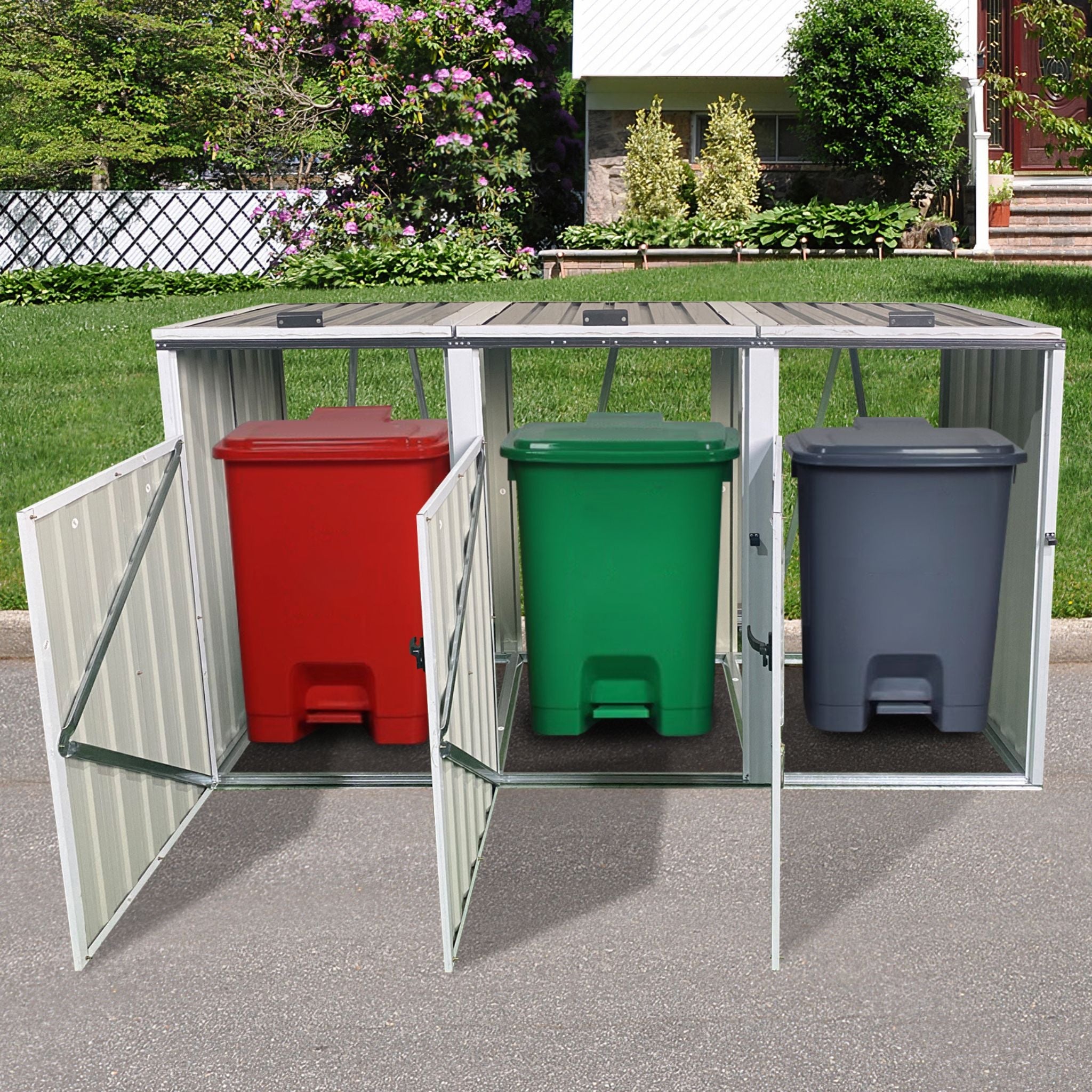 87 Inch Extra Large Heavy Duty Outdoor Metal Garbage Bin Shed For 3 Trash Cans (SAK34981) - Energize Trek