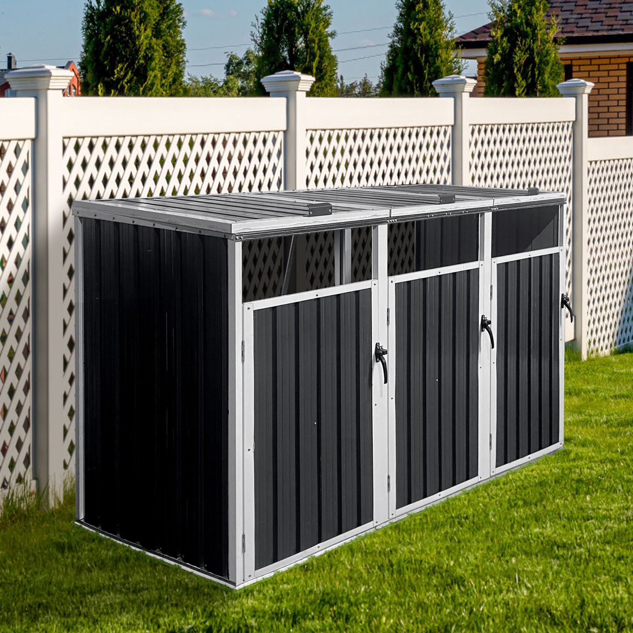 87 Inch Extra Large Heavy Duty Outdoor Metal Garbage Bin Shed For 3 Trash Cans (SAK34981) - Energize Trek