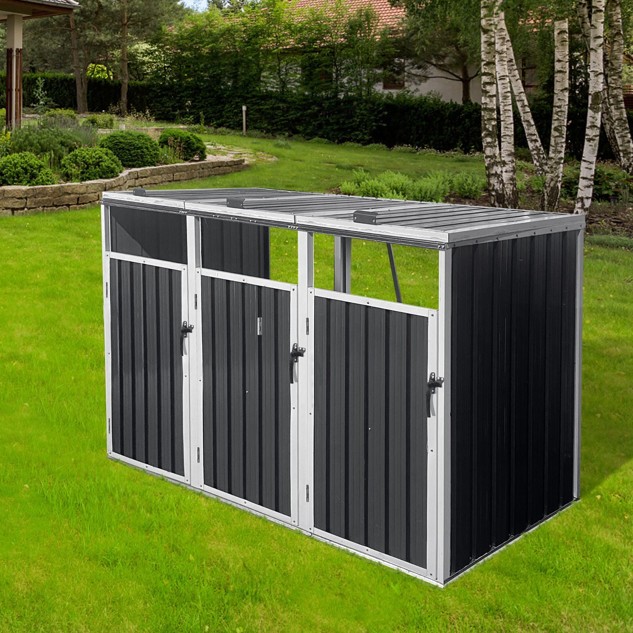 87 Inch Extra Large Heavy Duty Outdoor Metal Garbage Bin Shed For 3 Trash Cans (SAK34981) - Energize Trek