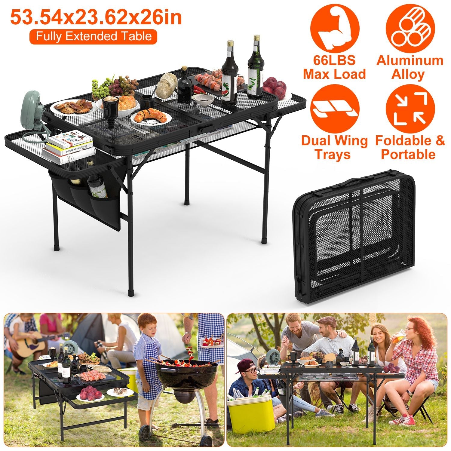 Foldable Camping Table Collapsible Picnic Aluminum Alloy Grill Stand BBQ Table with 66LBS Max Load Adjustable Height 2 Side Wing Trays Storage Net