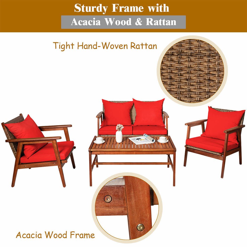 8PCS Patio Rattan Furniture Set With Acacia Wood Frame & Cushioned Sofa Chairs (97415280) - Energize Trek