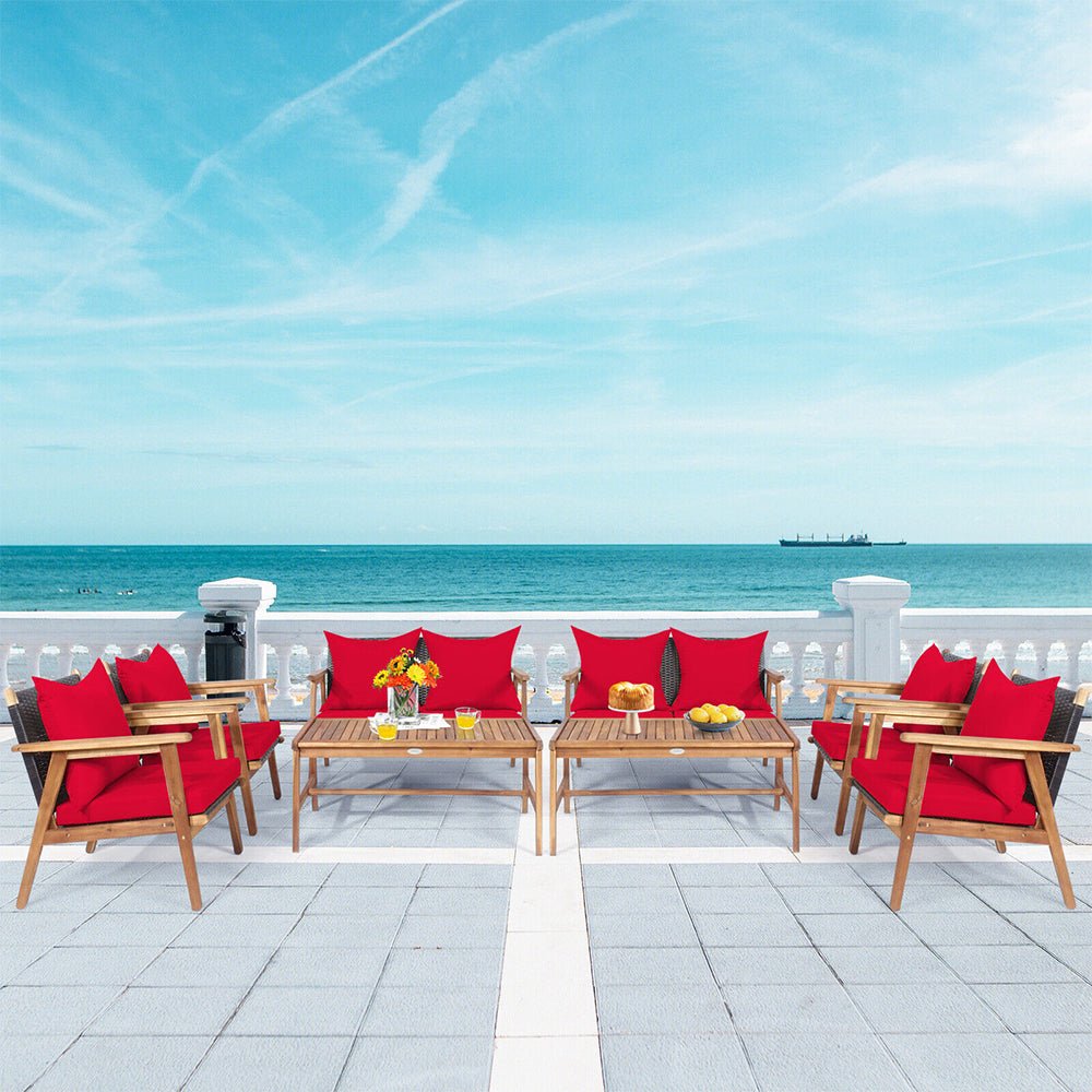 8PCS Patio Rattan Furniture Set With Acacia Wood Frame & Cushioned Sofa Chairs (97415280) - Energize Trek
