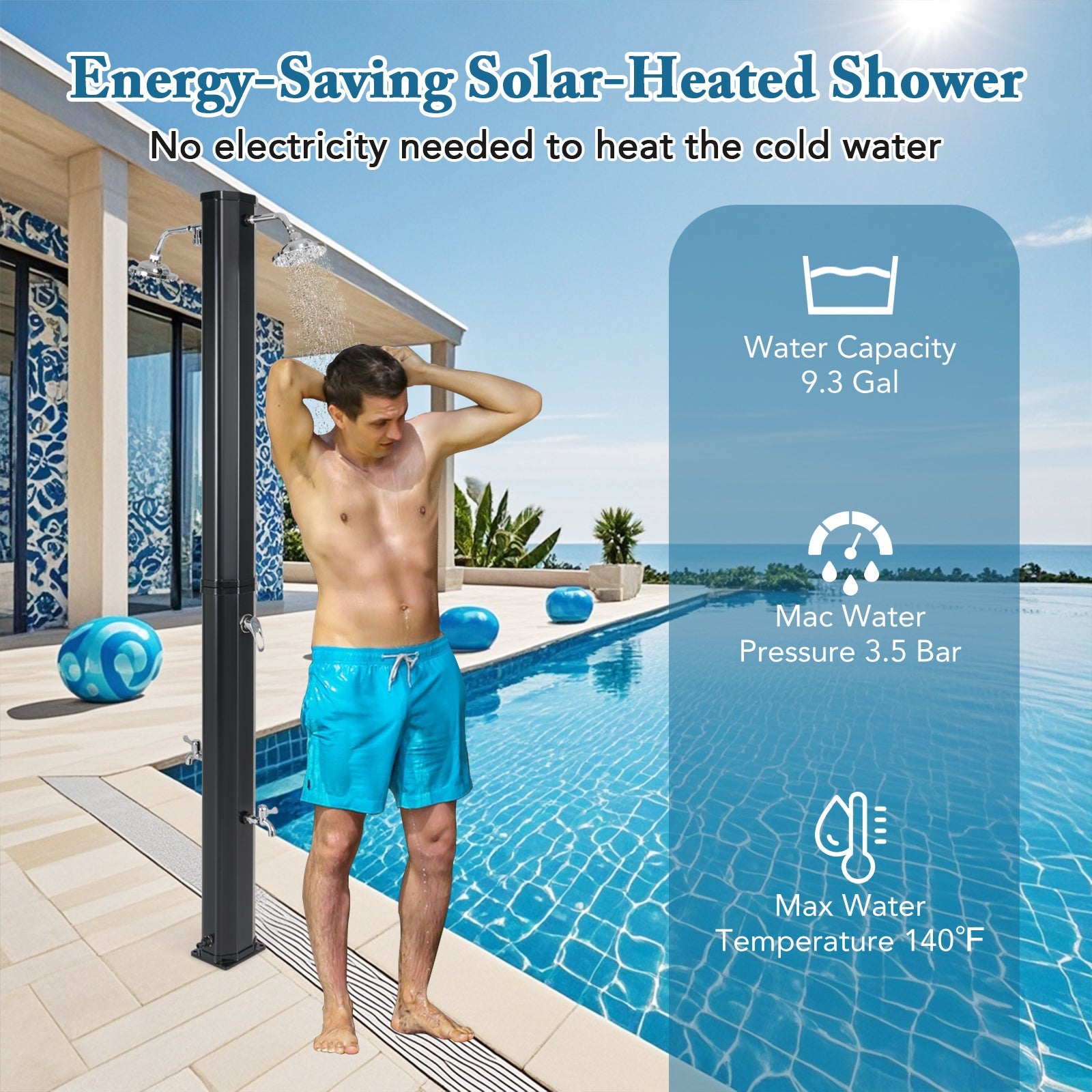 9.3 Gallon Solar Heated Outdoor Shower with Dual Shower Heads-Black - Energize Trek