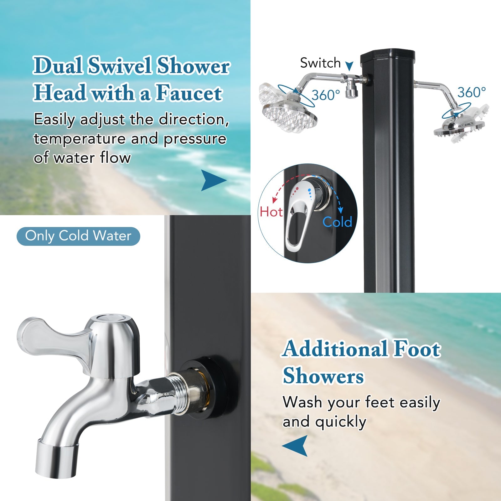 9.3 Gallon Solar Heated Outdoor Shower with Dual Shower Heads-Black - Energize Trek