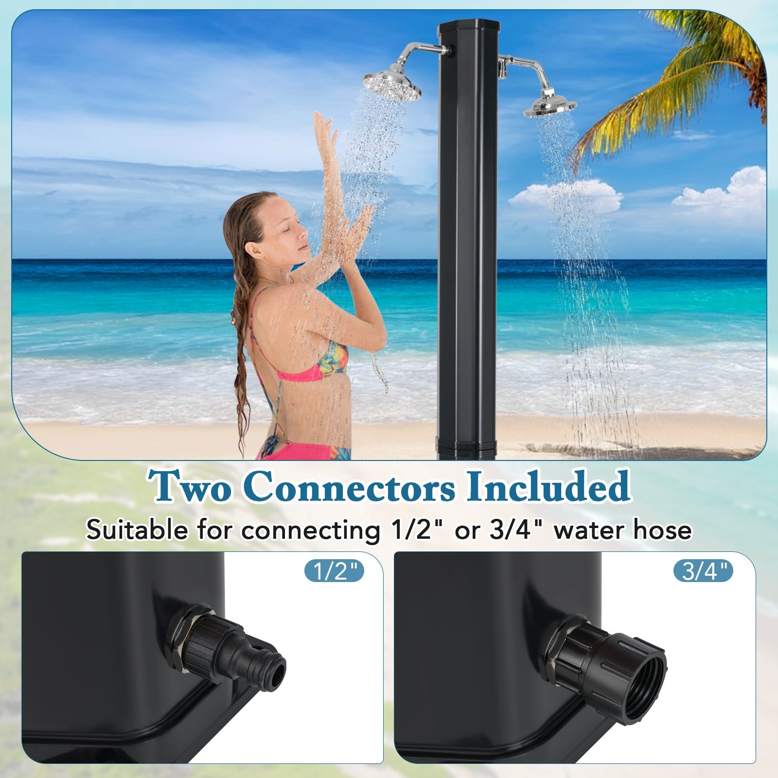 9.3 Gallon Solar Heated Outdoor Shower with Dual Shower Heads-Black - Energize Trek