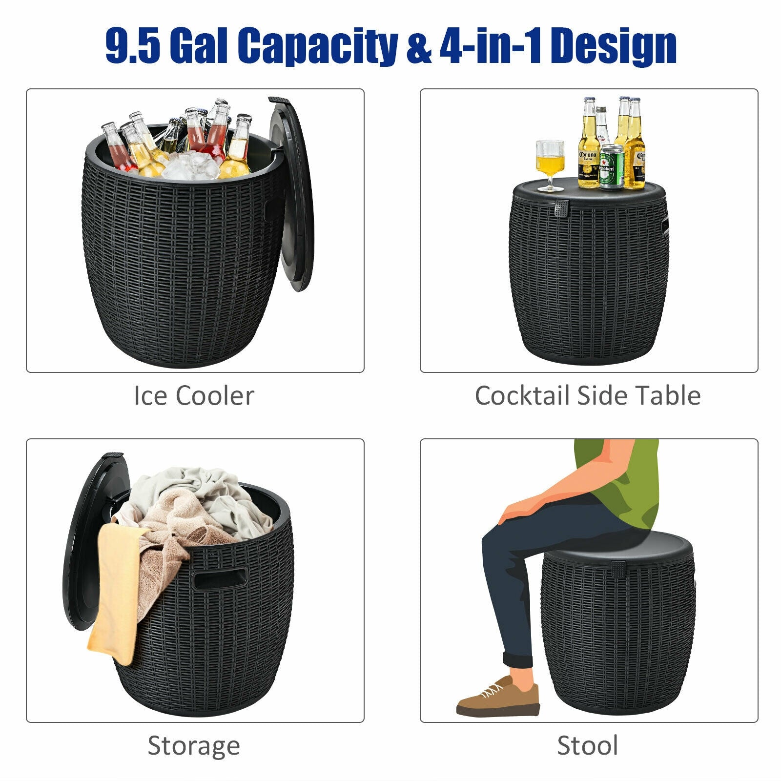 9.5 Gallon 4-in-1 Patio Rattan Cool Bar Cocktail Table Side Table - Energize Trek