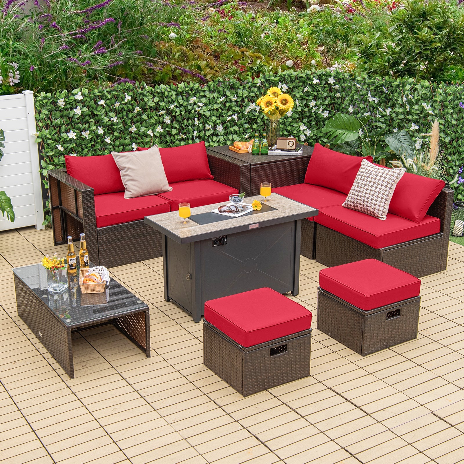9 Pieces Outdoor Patio Furniture Set with 42 Inch Propane Fire Pit Table-Red - Energize Trek