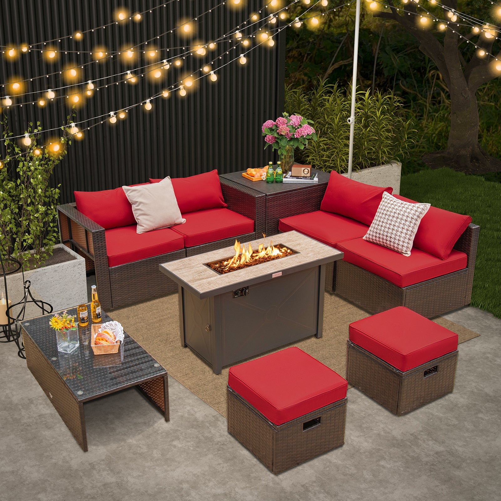 9 Pieces Outdoor Patio Furniture Set with 42 Inch Propane Fire Pit Table-Red - Energize Trek