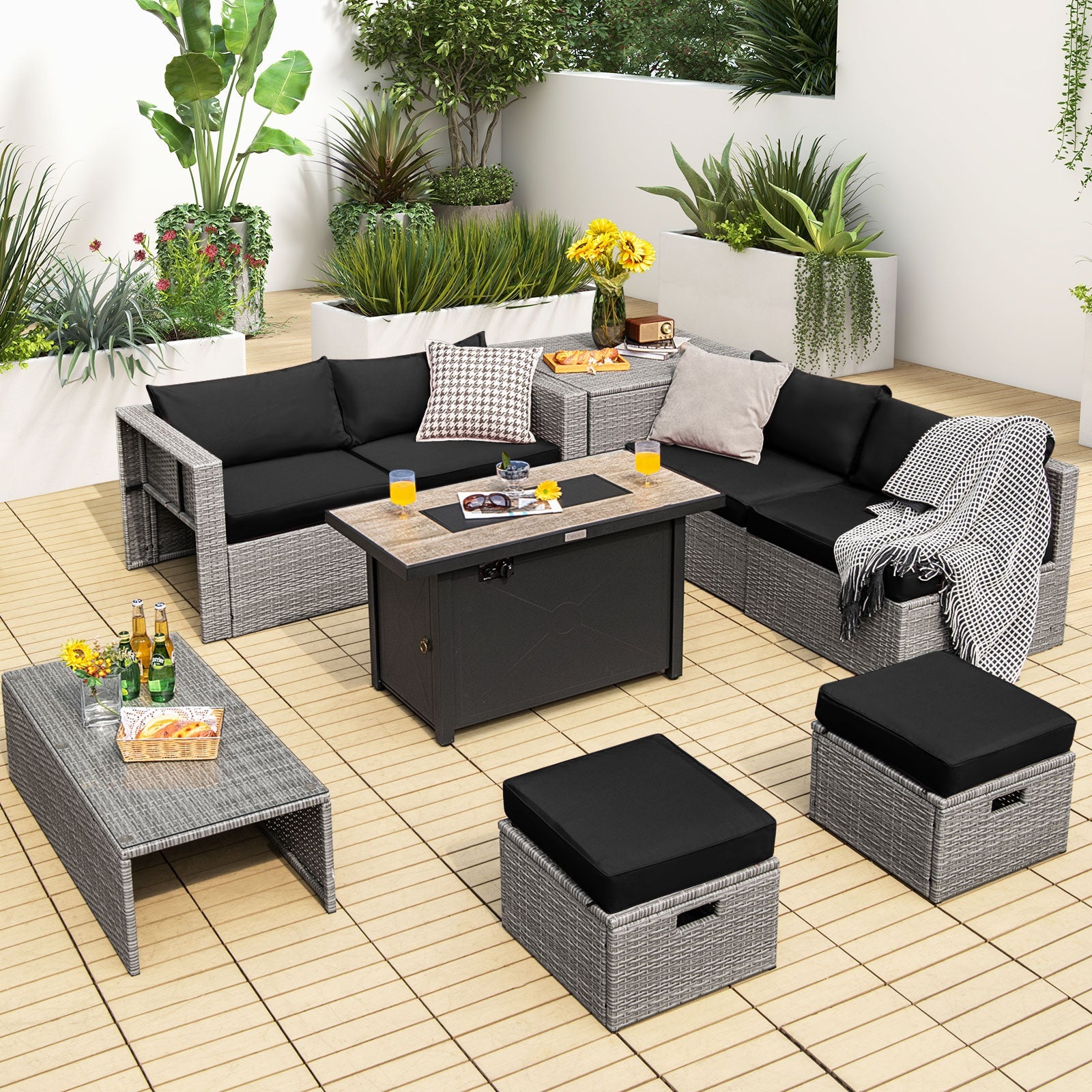 9 Pieces Patio Furniture Set with 42 Inches 60000 BTU Fire Pit-Black - Energize Trek