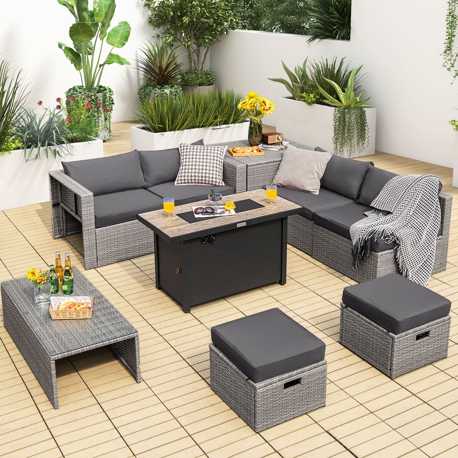 9 Pieces Patio Furniture Set with 42 Inches 60000 BTU Fire Pit-Gray - Energize Trek