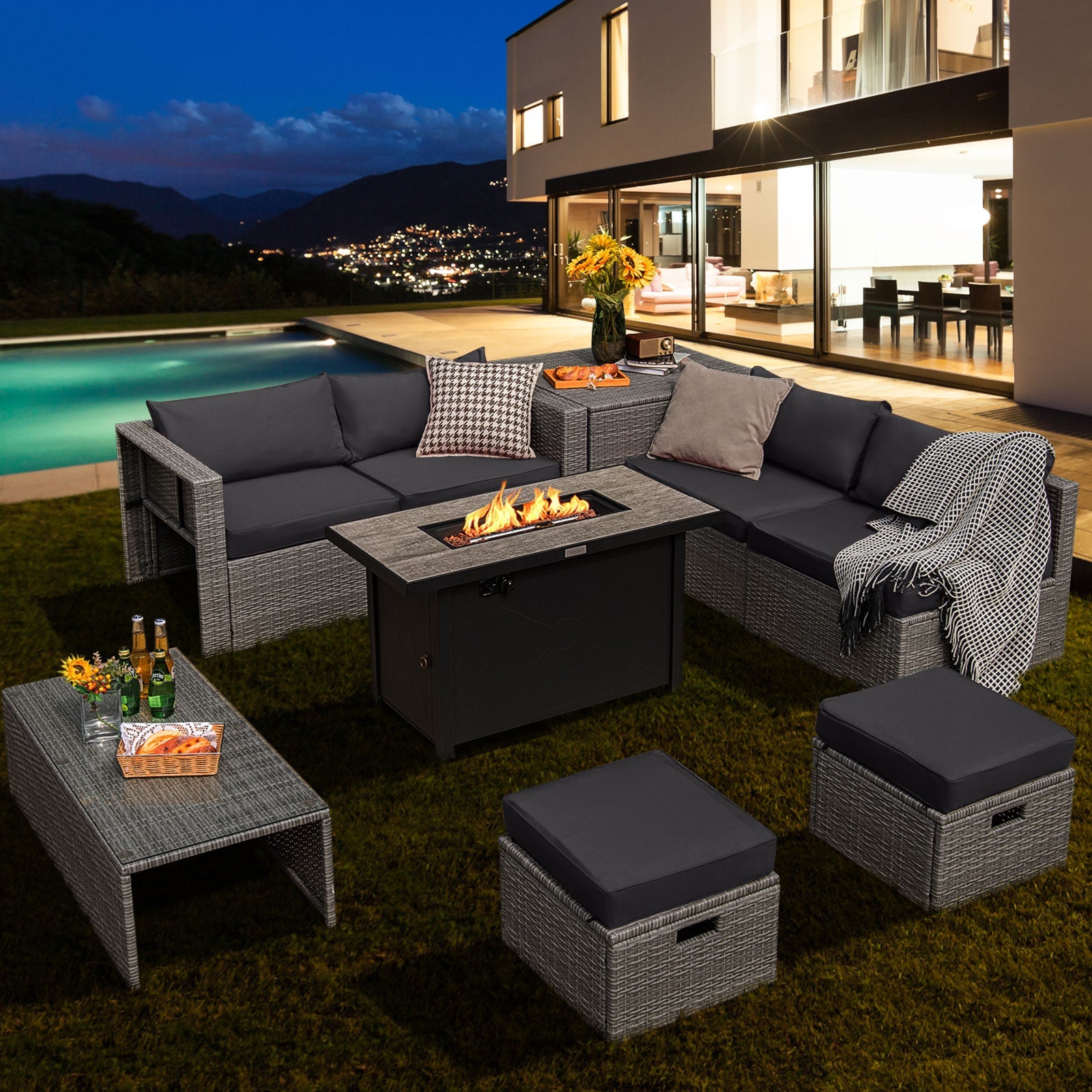 9 Pieces Patio Furniture Set with 42 Inches 60000 BTU Fire Pit-Gray - Energize Trek