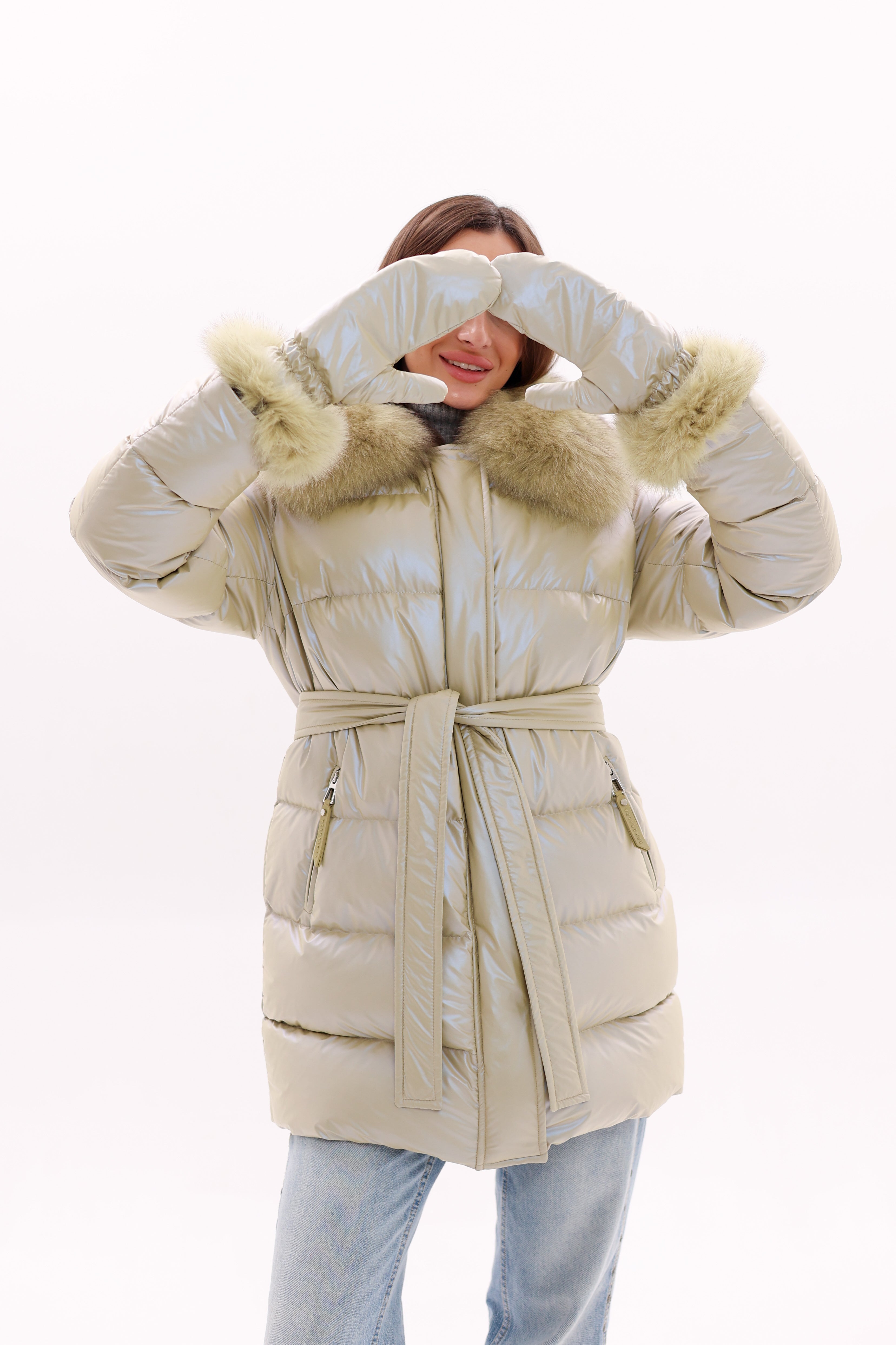 Genuine Fox Fur Down Coat with Fur Trim Mittens - Energize Trek