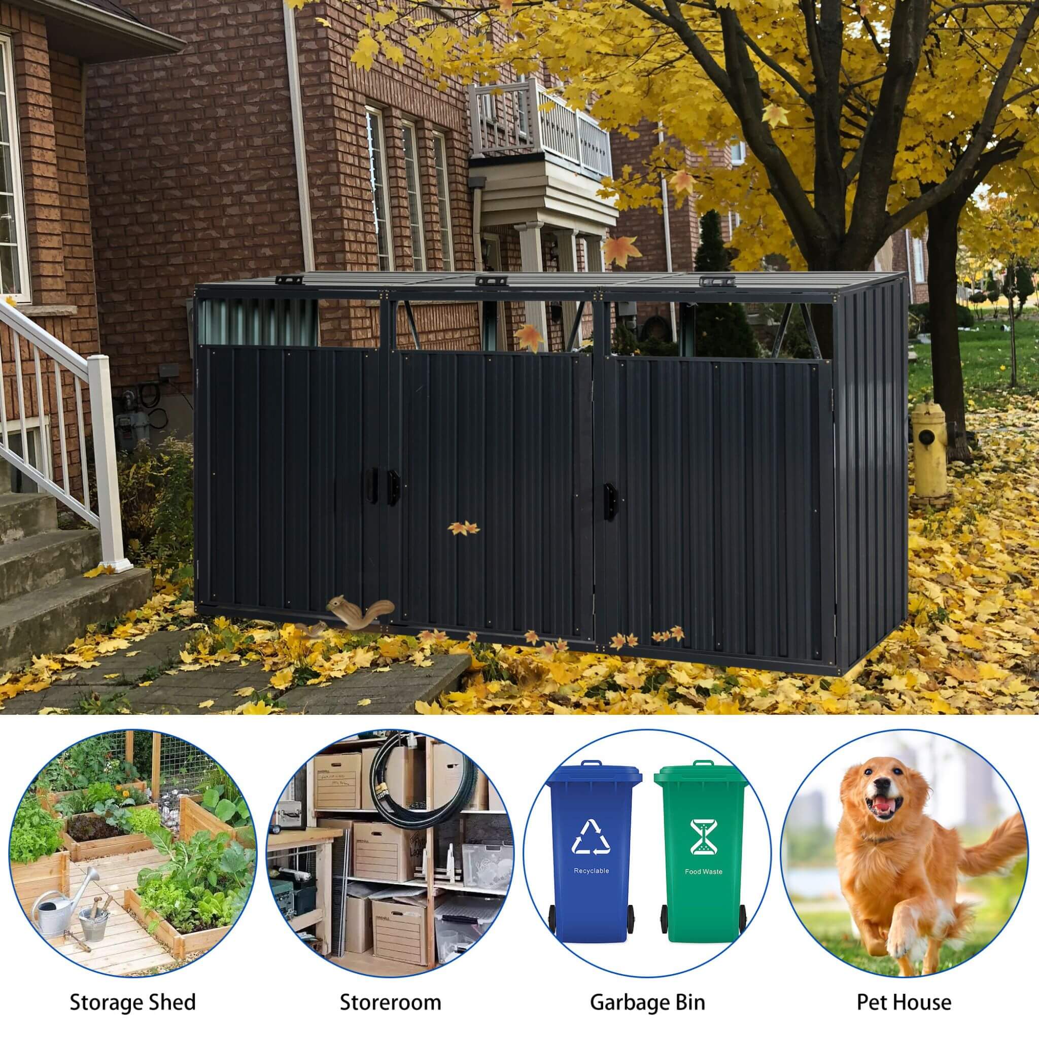 94" Heavy Duty Outdoor Galvanized Stainless Steel Garbage Bin Shed For 3 Trash Cans (SAK89882) - Energize Trek