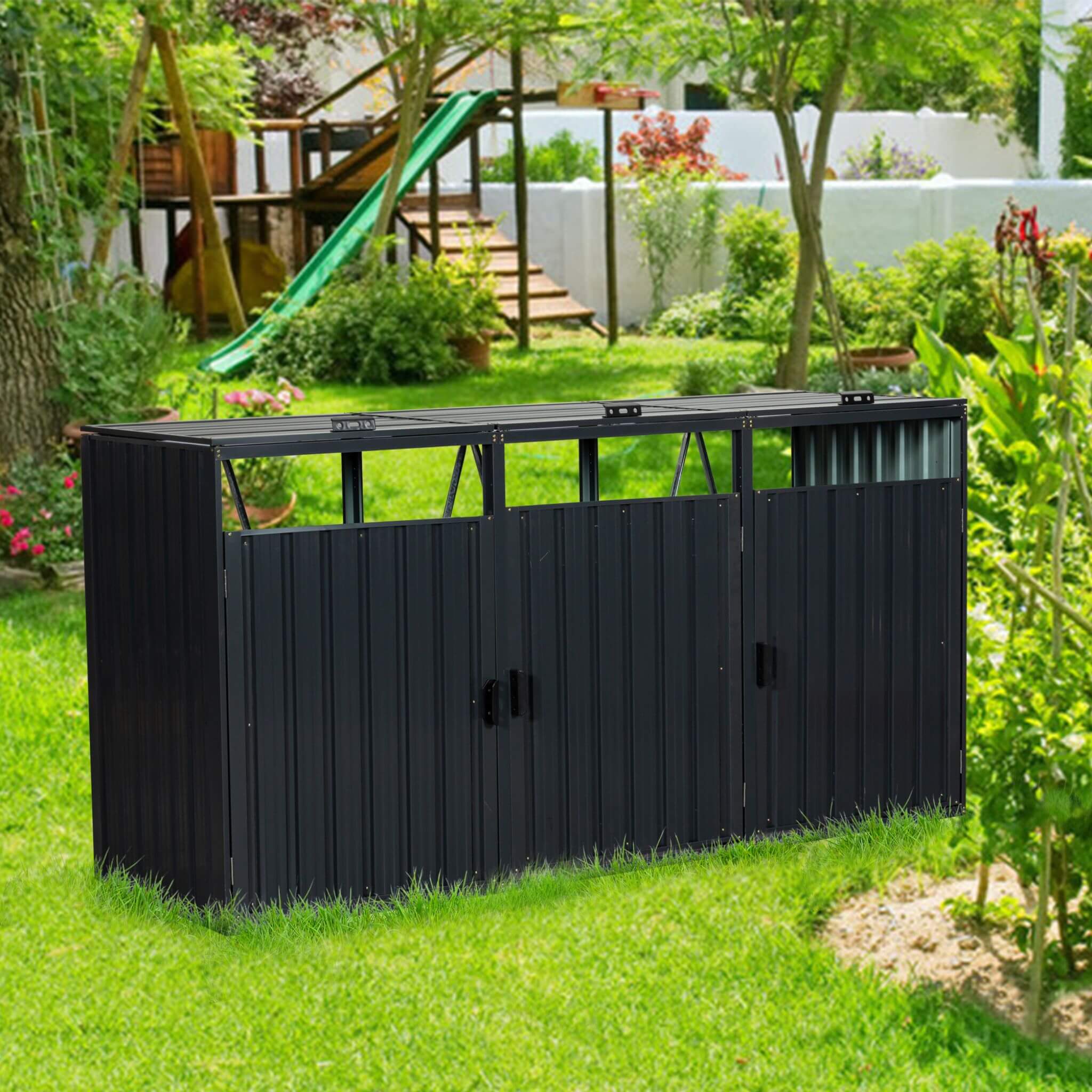 94" Heavy Duty Outdoor Galvanized Stainless Steel Garbage Bin Shed For 3 Trash Cans (SAK89882) - Energize Trek