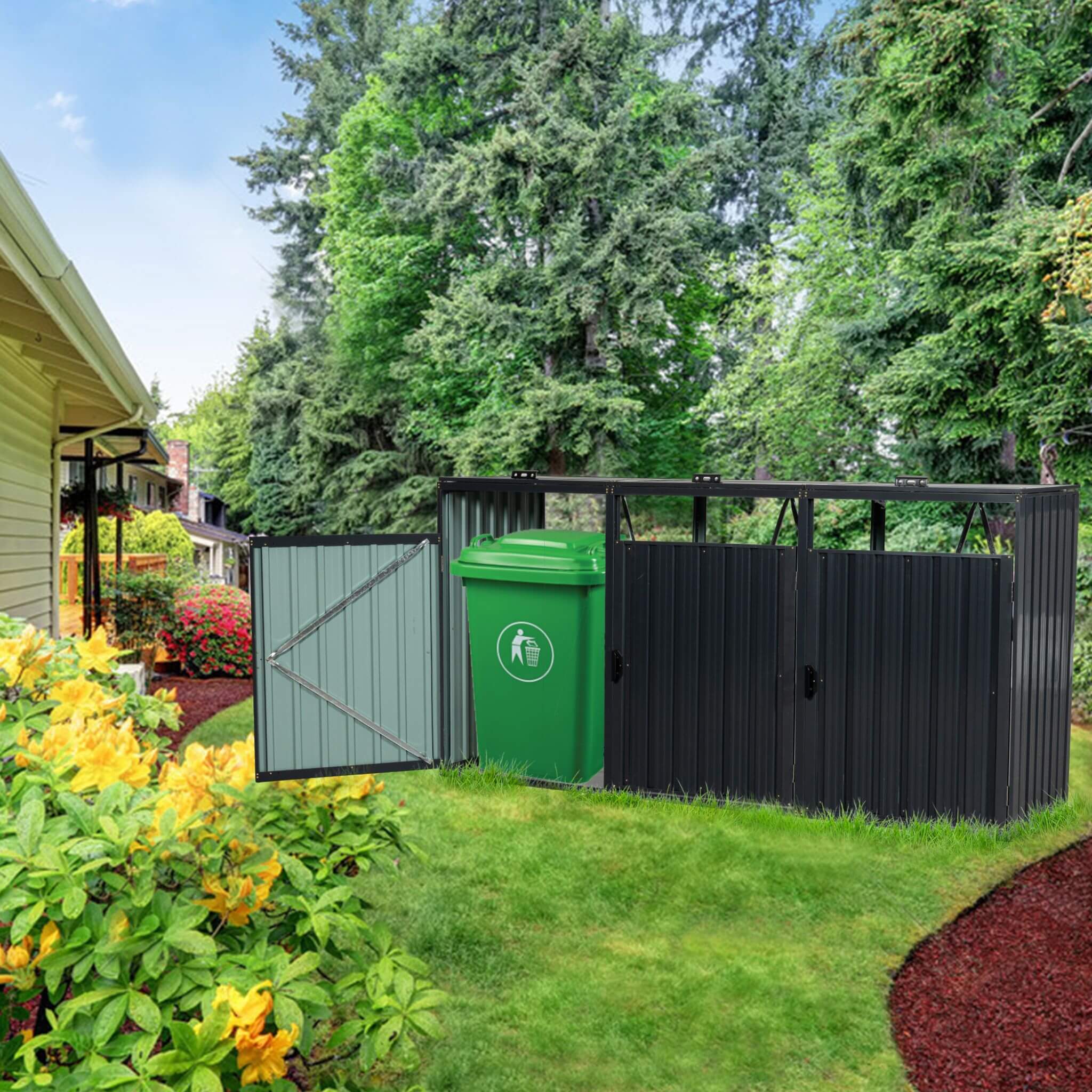 94" Heavy Duty Outdoor Galvanized Stainless Steel Garbage Bin Shed For 3 Trash Cans (SAK89882) - Energize Trek
