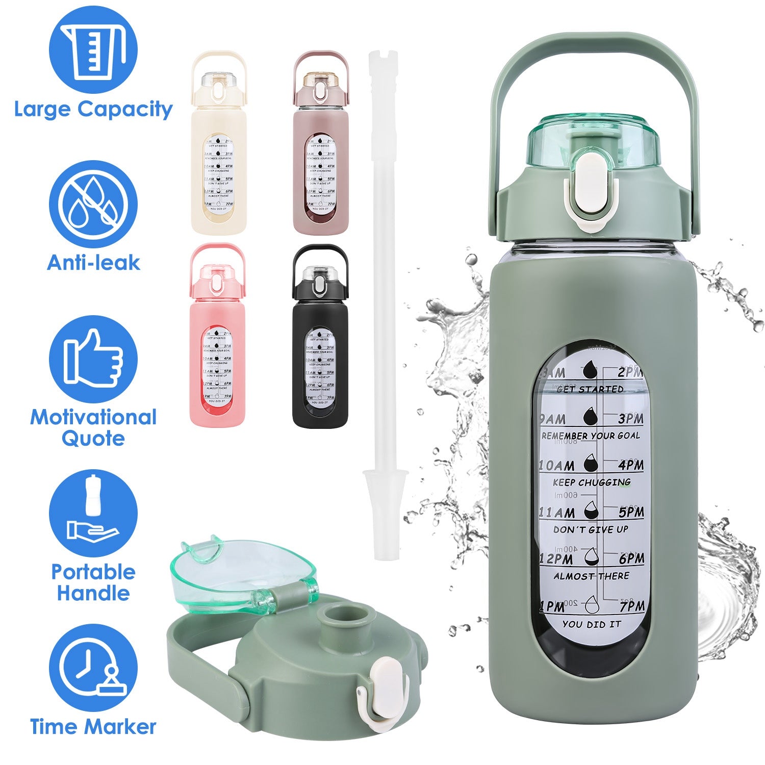 34Oz Glass Water Bottle Sports Water Bottle Motivational Water Bottle Water Intake Tracker Bottle with Straw Time Marker Silicone Sleeve Handle for Gy