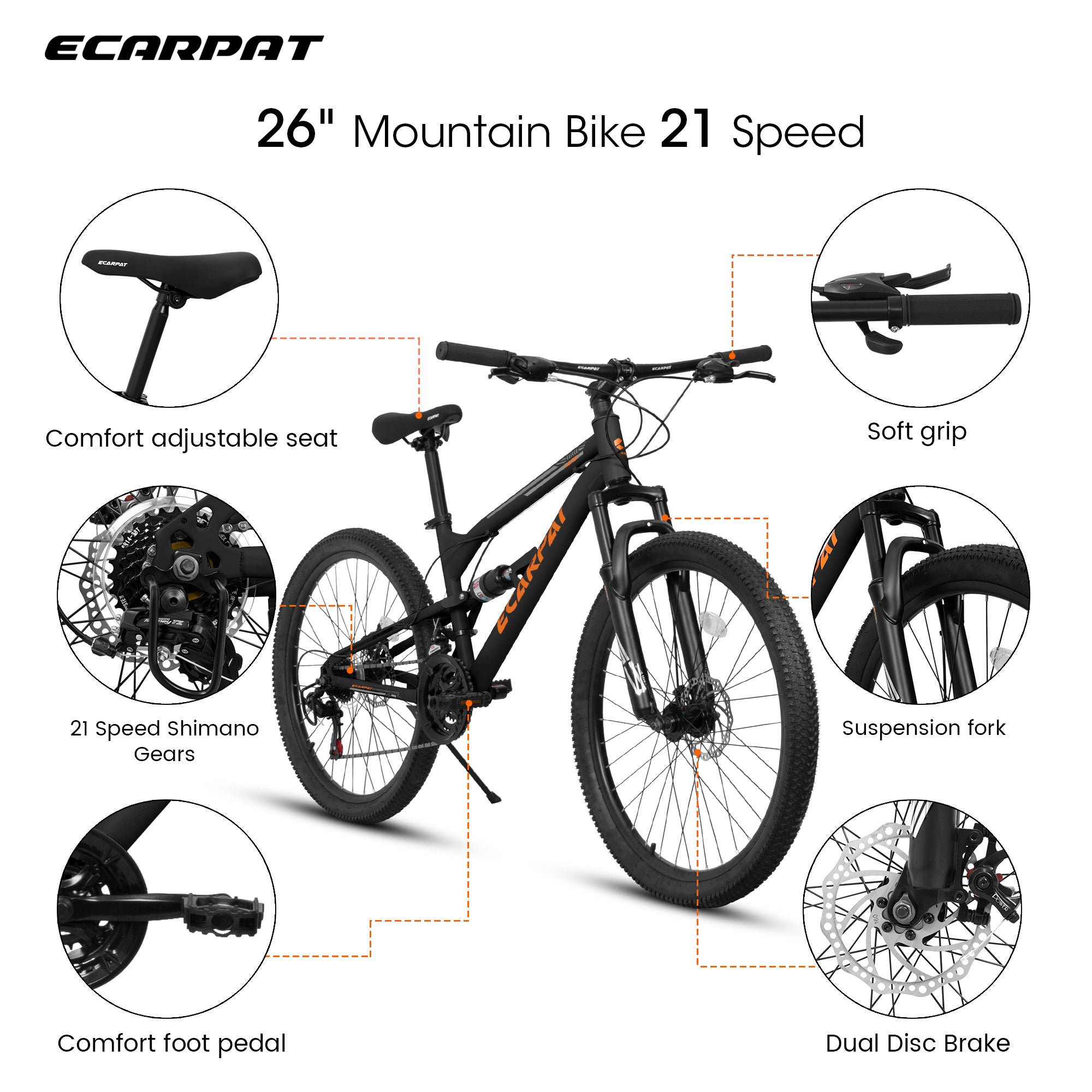 A26207 26 Inch Steel Frame Shock Fork Plus Shock Absorber 21-speed Unisex Mountain Bike - Energize Trek