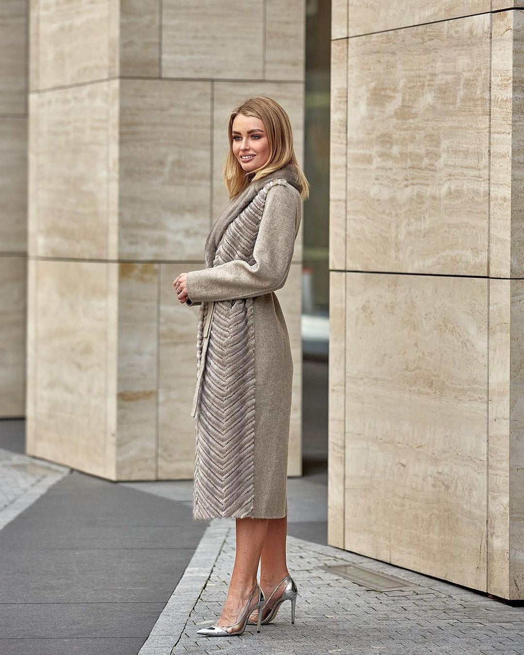 Genuine Mink Fur Rex Fur Trim Virgin Wool Coat in Beige - Energize Trek