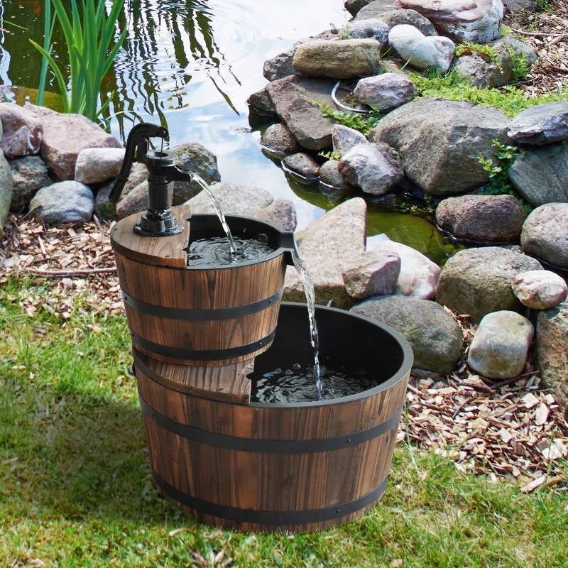 Outdoor 2-Tier Solid Wood Whisky Barrel Waterfall Fountain with Electric Pump - Energize Trek