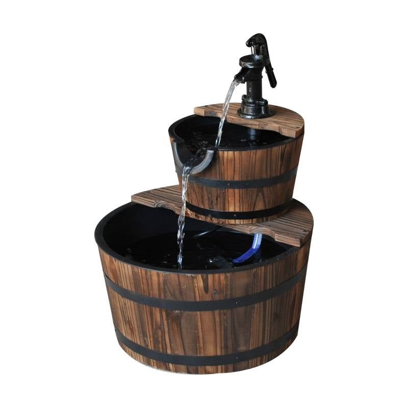 Outdoor 2-Tier Solid Wood Whisky Barrel Waterfall Fountain with Electric Pump - Energize Trek