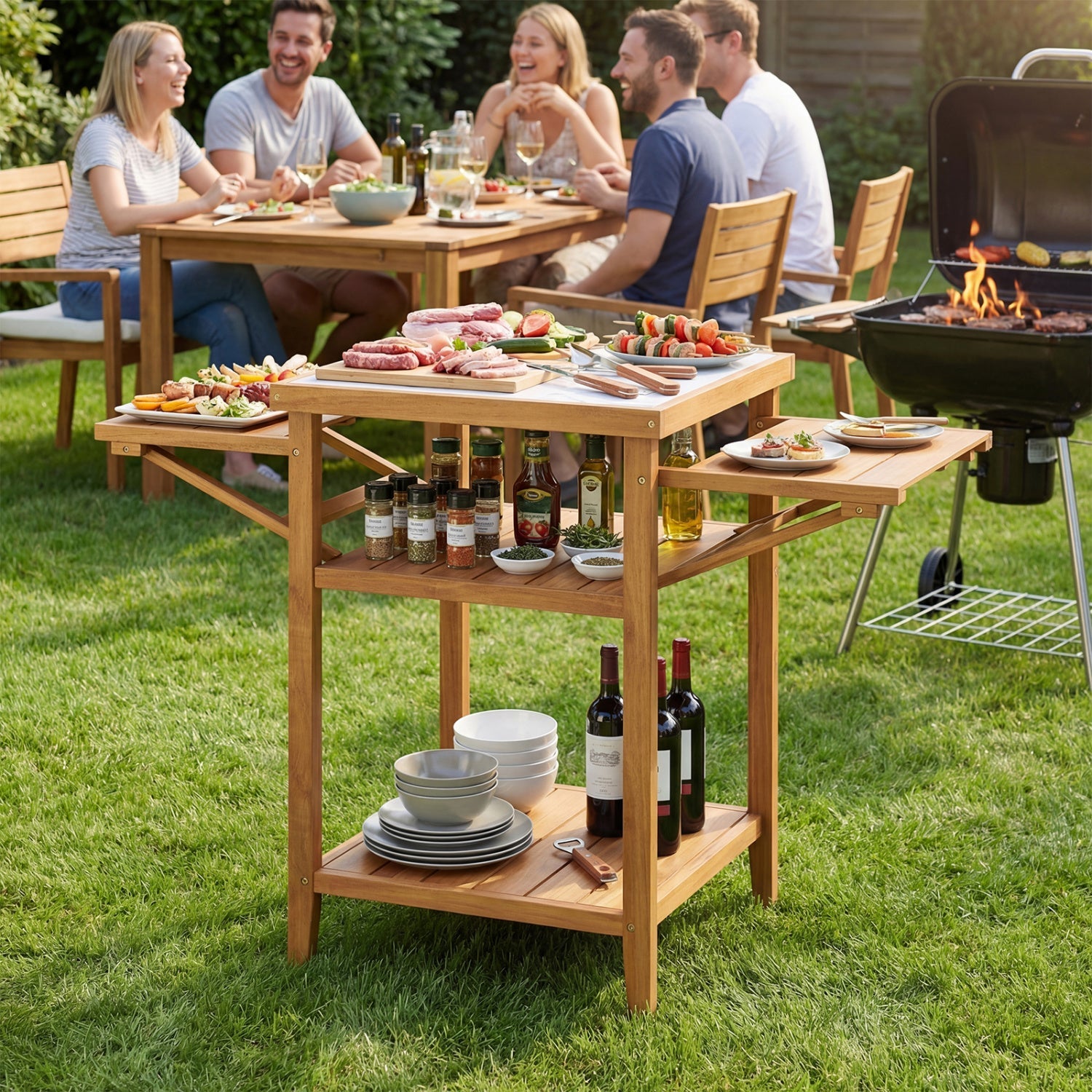 Acacia Wood Outdoor Grill Table with Faux Marble Top and Drop-Leaf Side Panels - Energize Trek