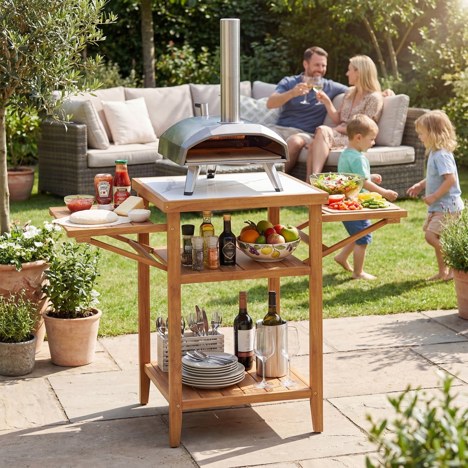 Acacia Wood Outdoor Grill Table with Faux Marble Top and Drop-Leaf Side Panels - Energize Trek