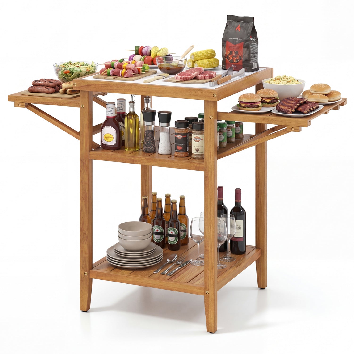 Acacia Wood Outdoor Grill Table with Faux Marble Top and Drop-Leaf Side Panels - Energize Trek