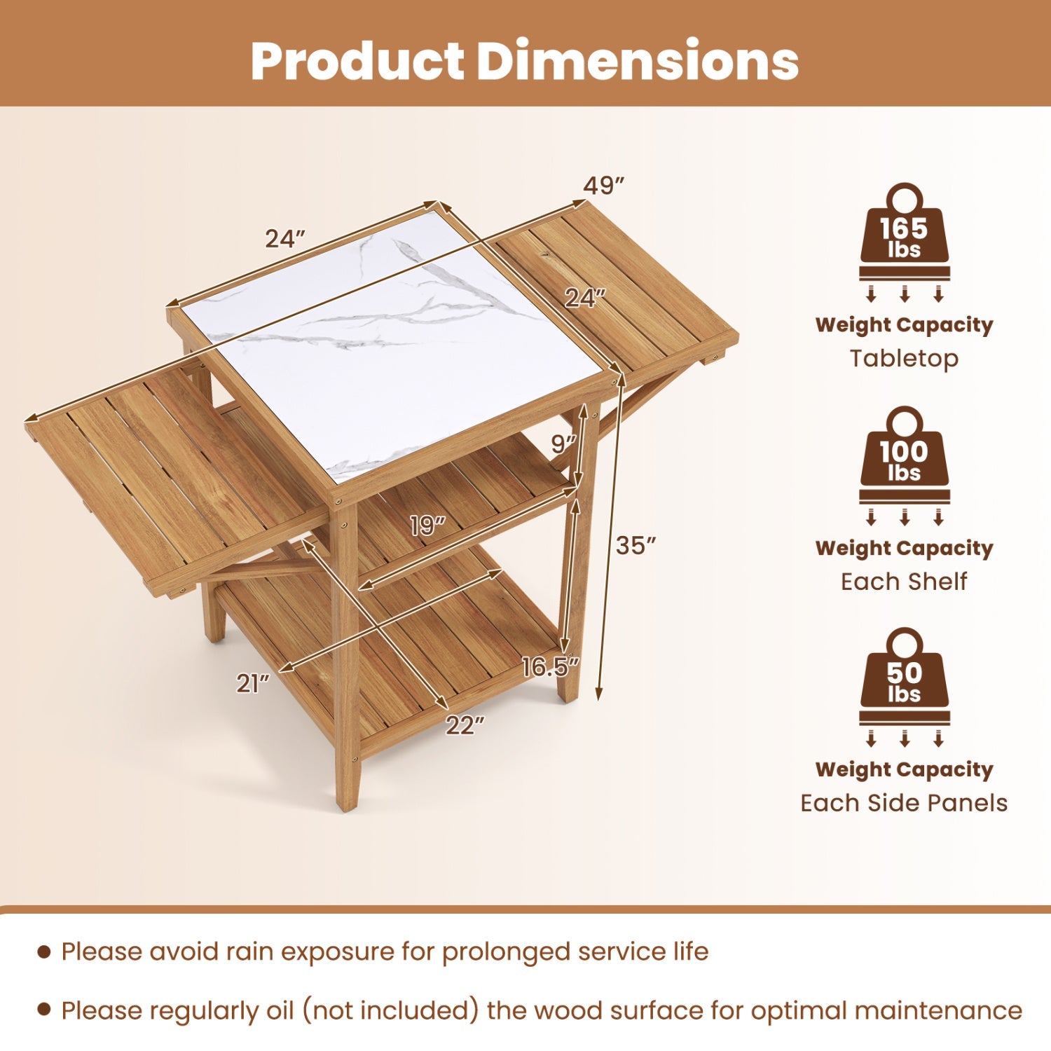 Acacia Wood Outdoor Grill Table with Faux Marble Top and Drop-Leaf Side Panels - Energize Trek