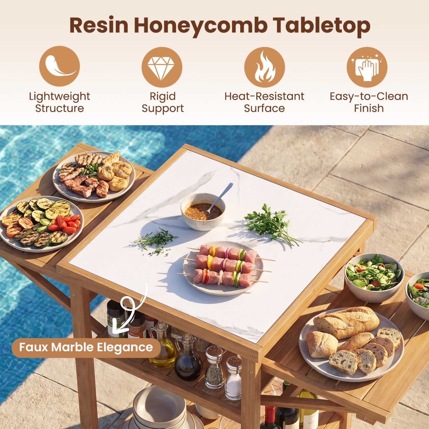 Acacia Wood Outdoor Grill Table with Faux Marble Top and Drop-Leaf Side Panels - Energize Trek