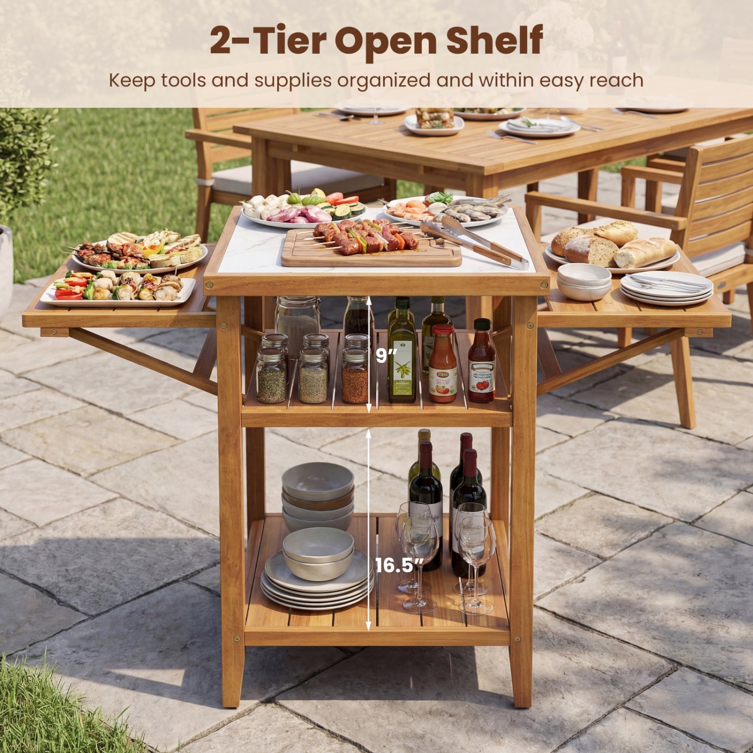 Acacia Wood Outdoor Grill Table with Faux Marble Top and Drop-Leaf Side Panels - Energize Trek